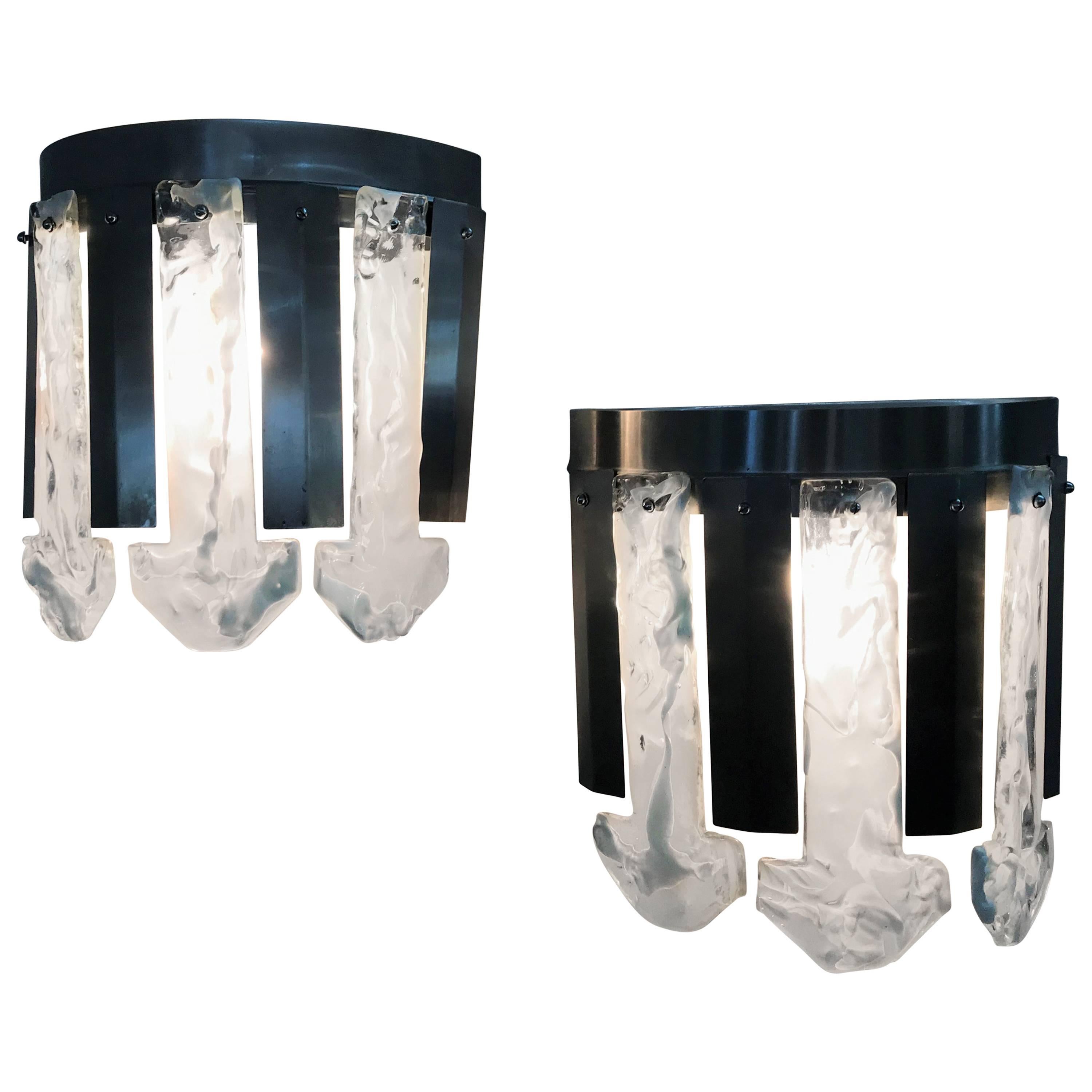 Space Age Sconces by Mazzega in Brushed Steel and Murano Glass, Italy circa 1970 For Sale