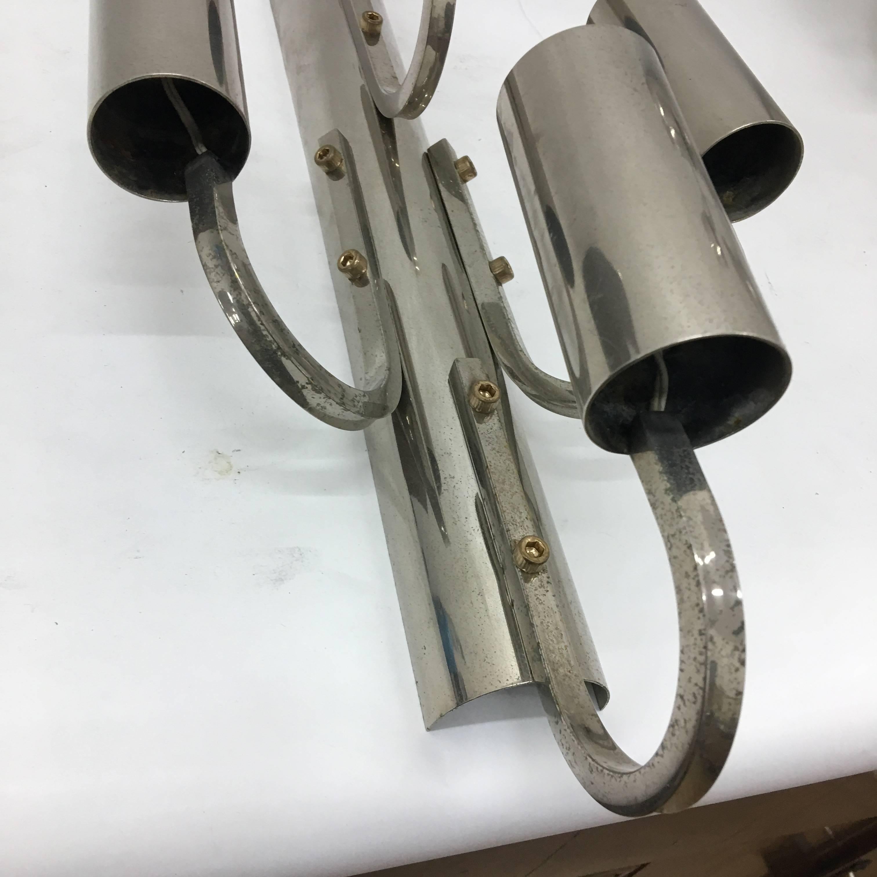 1970s Space Age Set of Four Large Chromed Steel Italian Wall Sconces For Sale 3