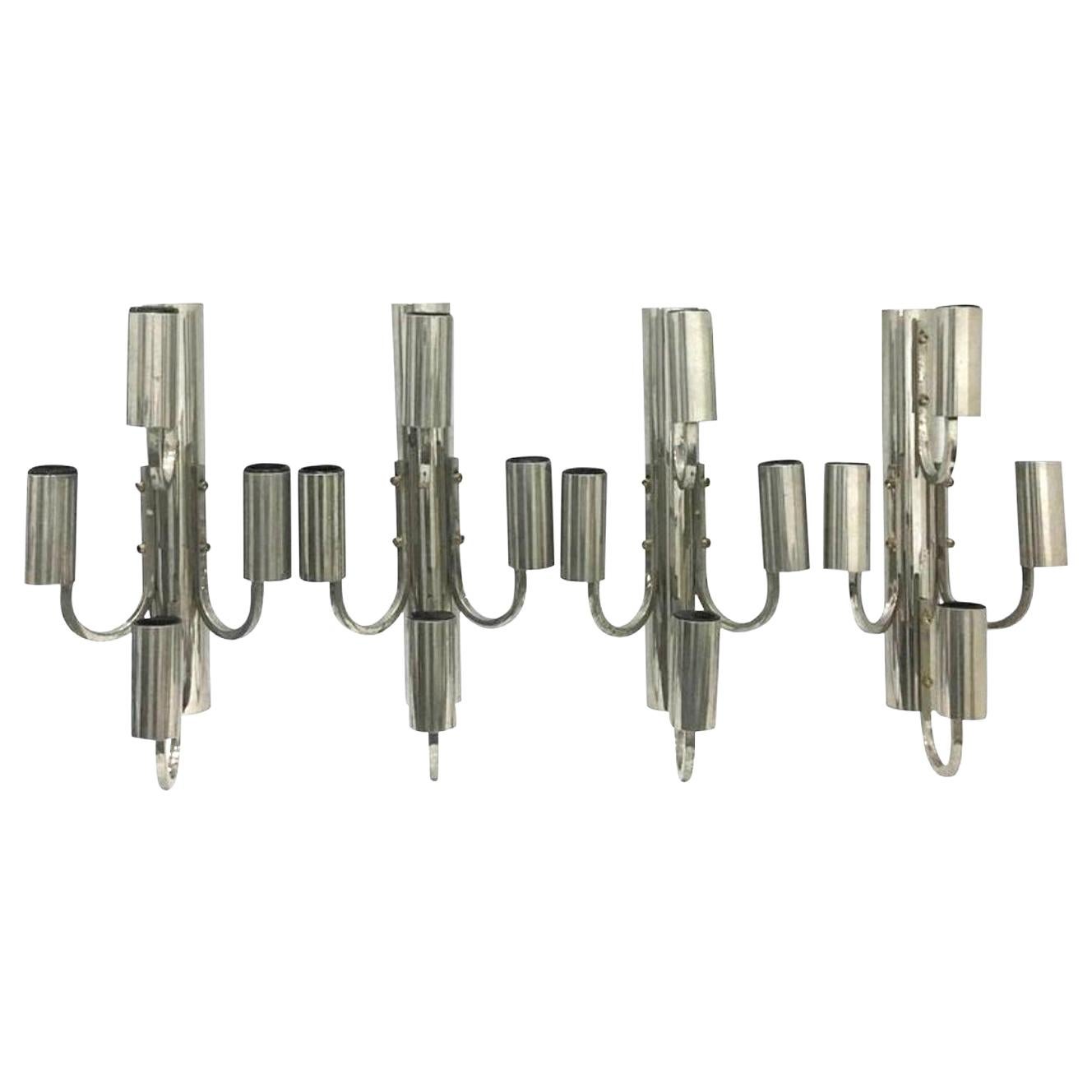 1970s Space Age Set of Four Large Italian Chromed Four Lights Wall Sconces