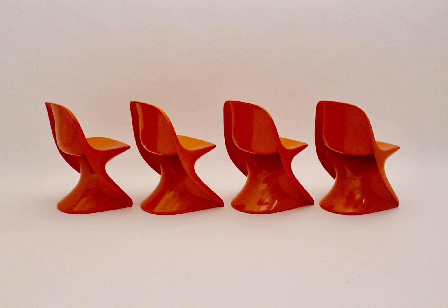 Space Age Plastic Four Vintage Orange Children Stacking Chairs 1970s Casalino For Sale 5