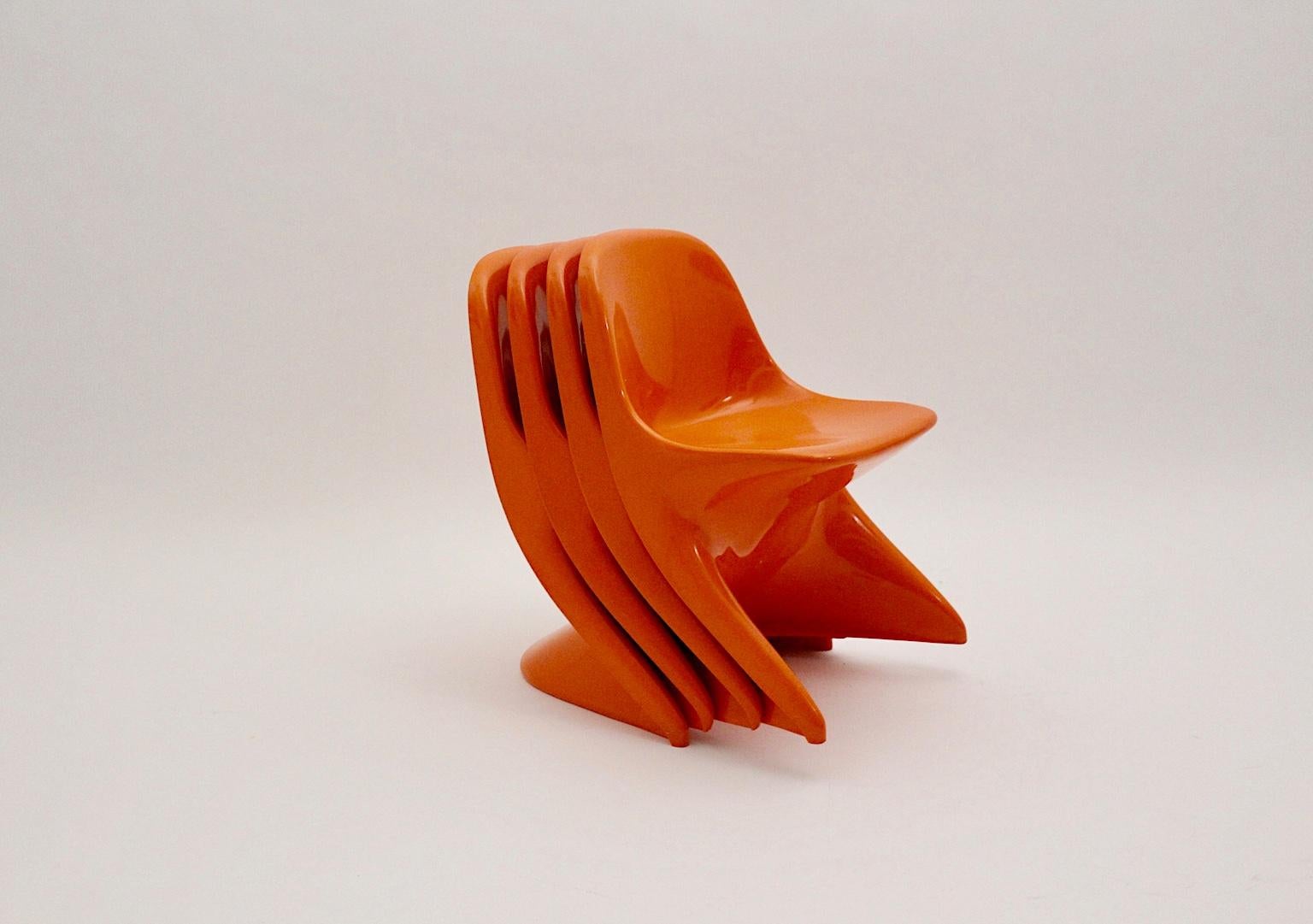Space Age Plastic Four Vintage Orange Children Stacking Chairs 1970s Casalino For Sale 10