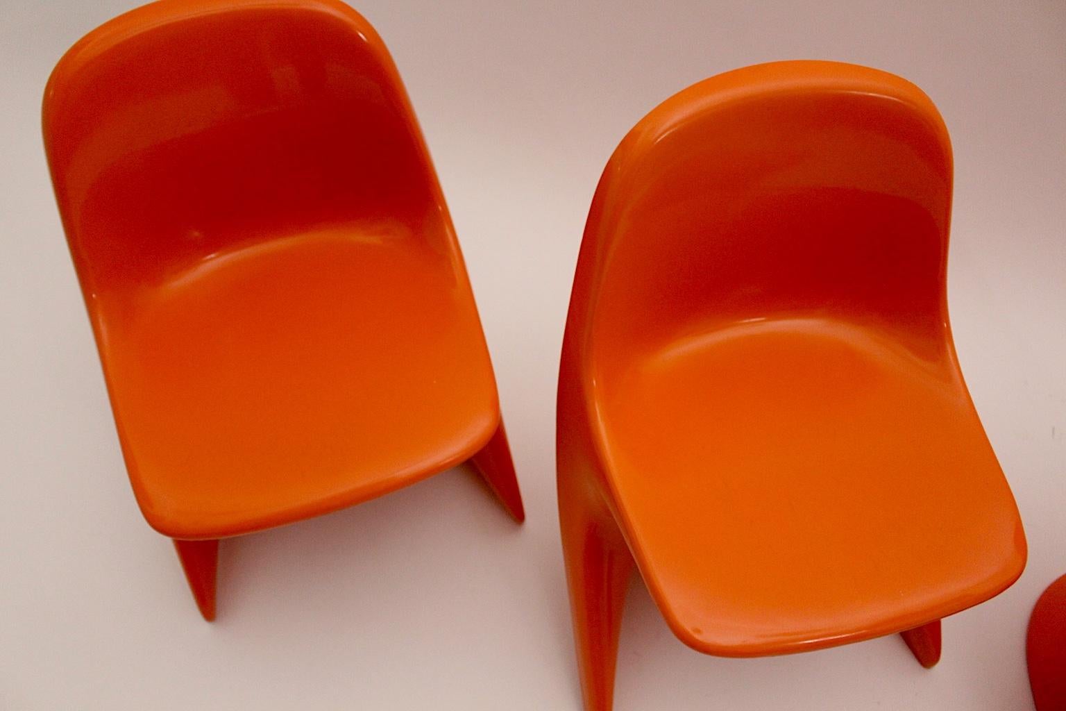 Space Age Plastic Four Vintage Orange Children Stacking Chairs 1970s Casalino For Sale 11