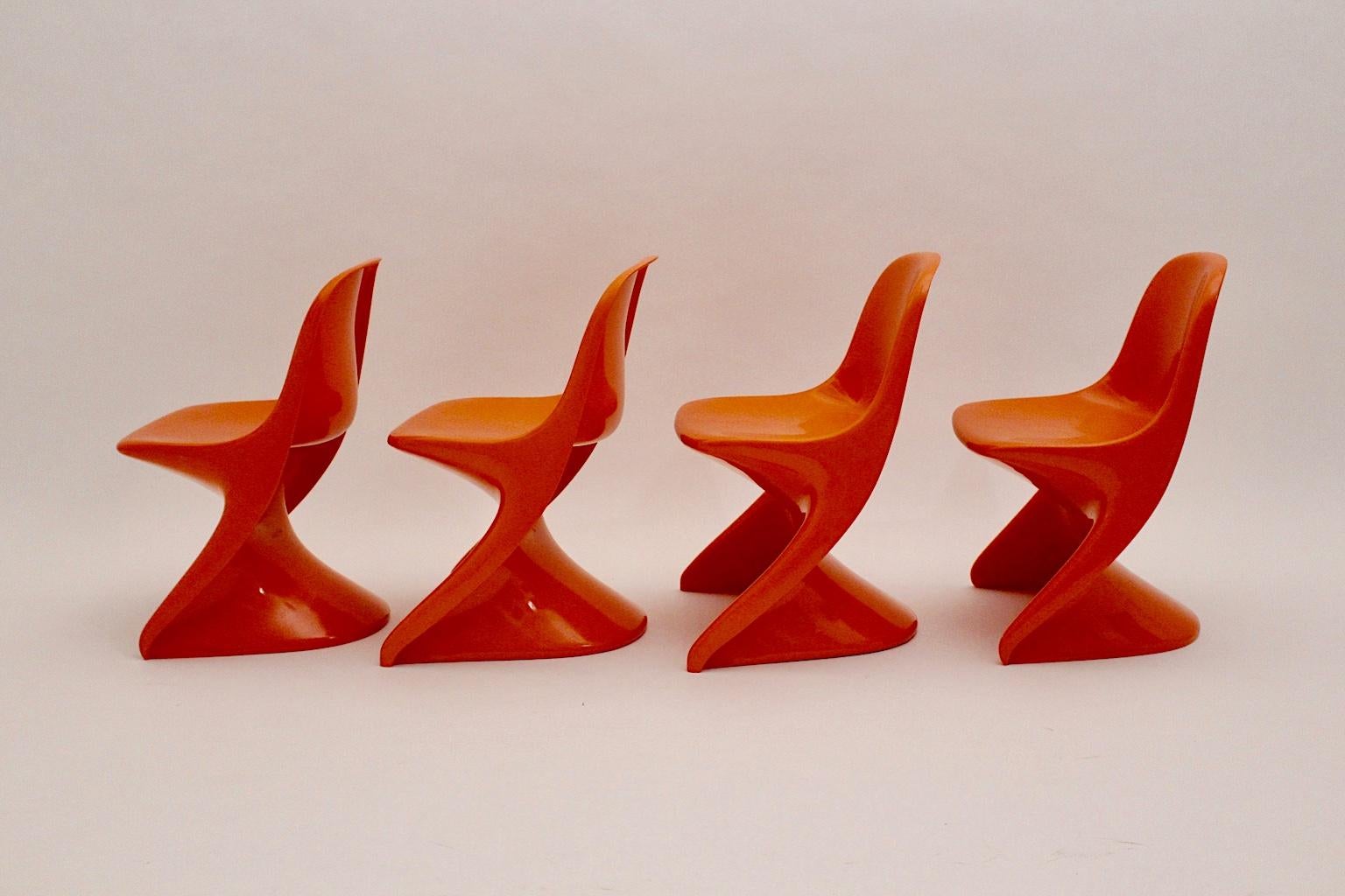 Space Age Plastic Four Vintage Orange Children Stacking Chairs 1970s Casalino In Good Condition For Sale In Vienna, AT