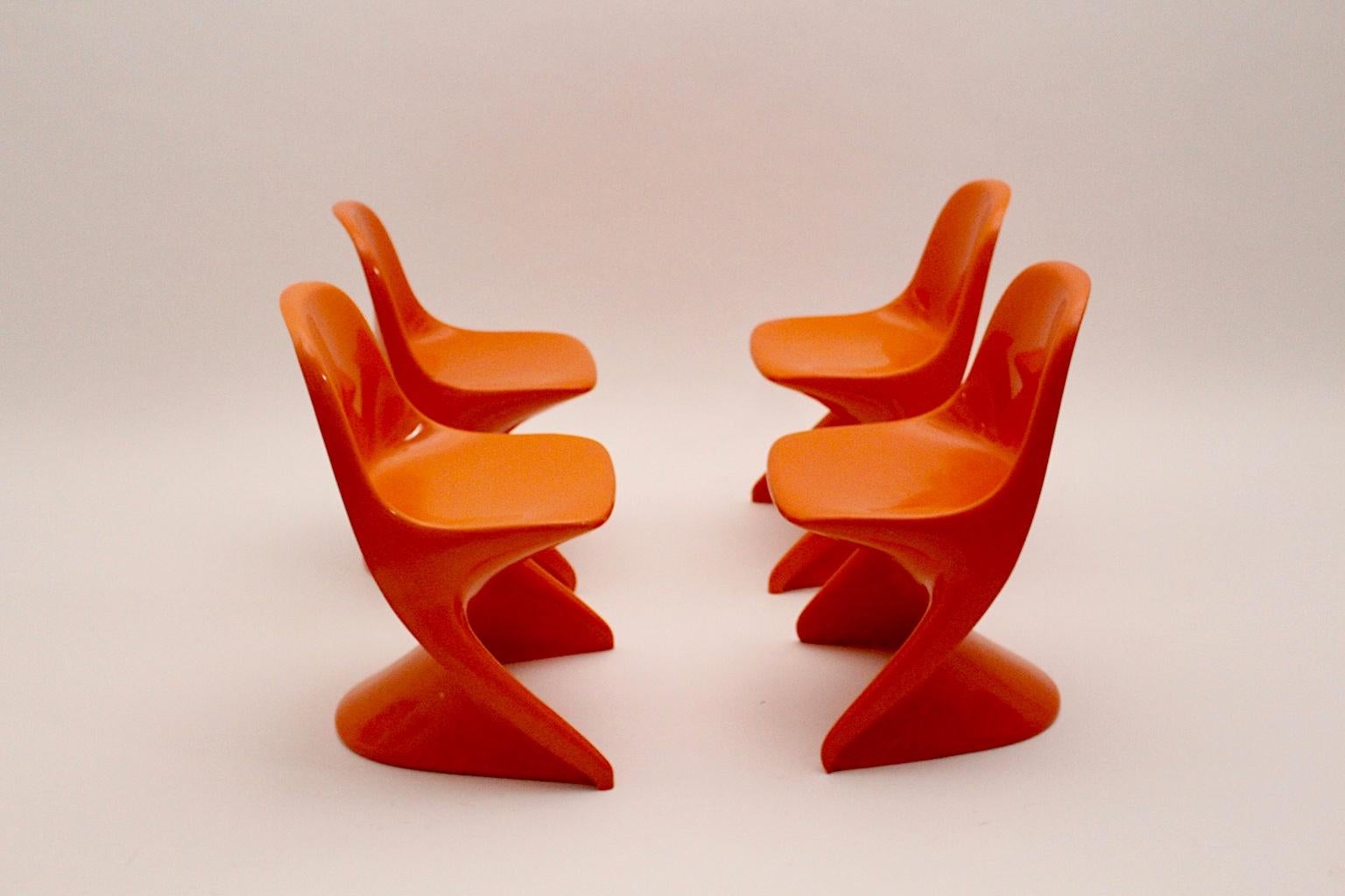 Space Age Plastic Four Vintage Orange Children Stacking Chairs 1970s Casalino For Sale 2