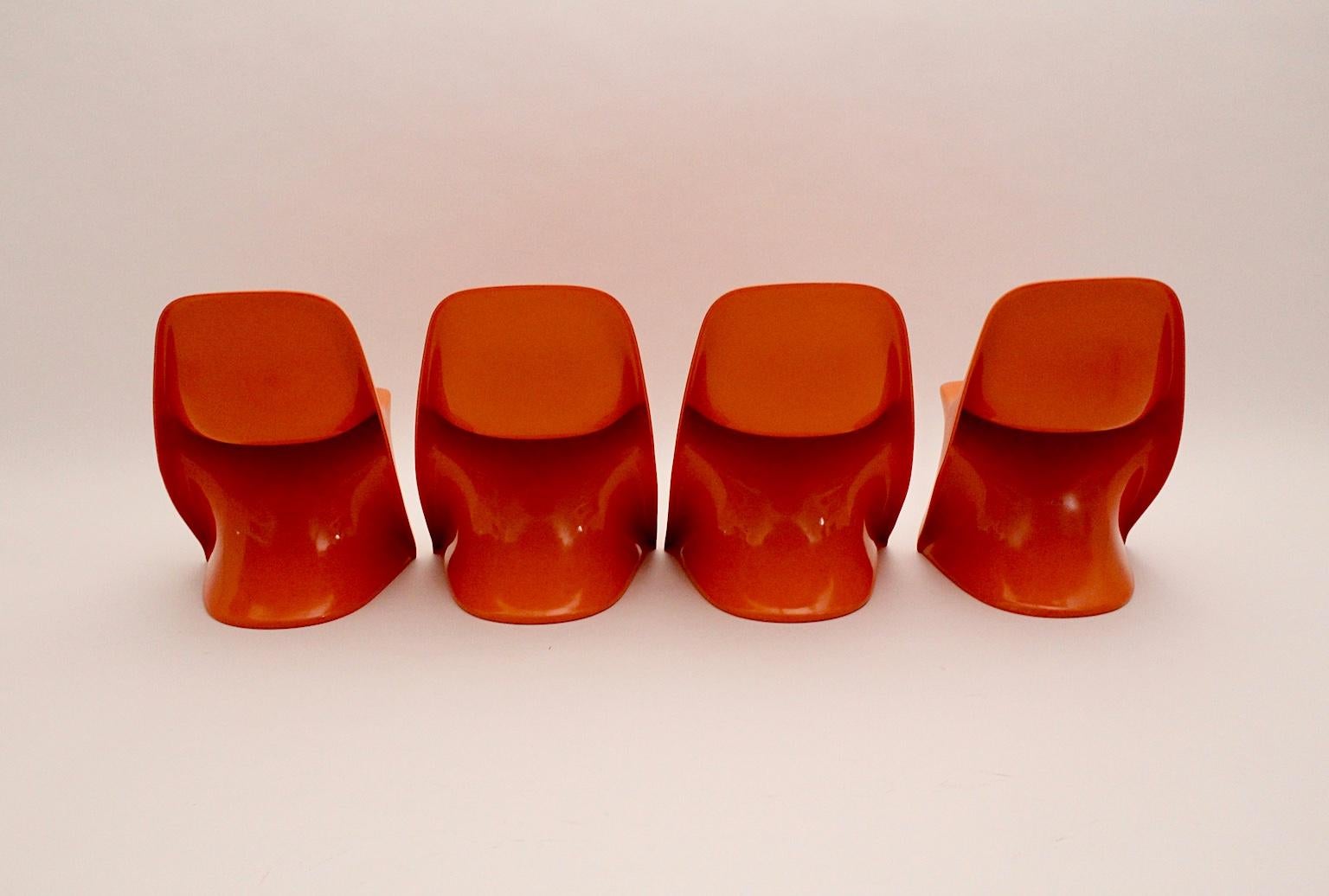Space Age Plastic Four Vintage Orange Children Stacking Chairs 1970s Casalino For Sale 4