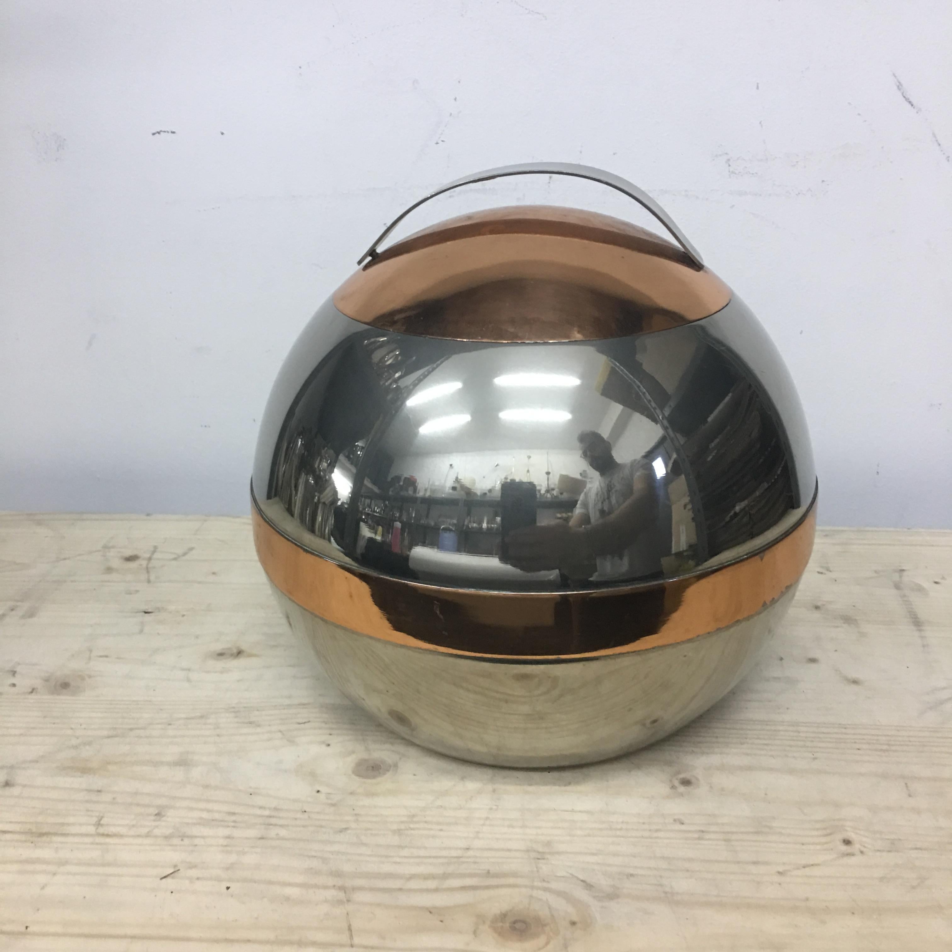 Mid-Century Modern Space Age Silver Plate and Copper Italian Ice Bucket, circa 1970