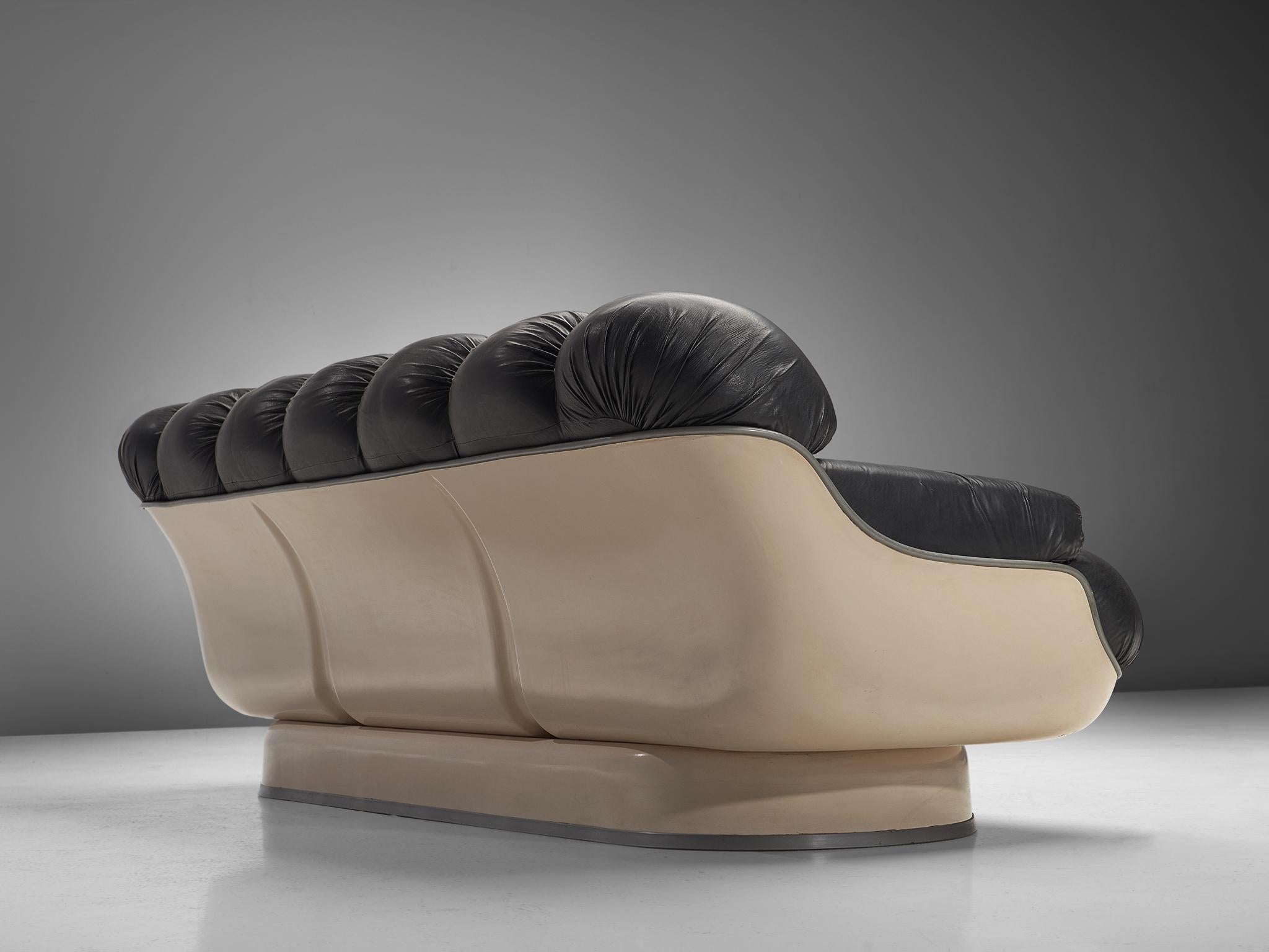French Space Age Sofa in Black Leatherette and Fiberglass