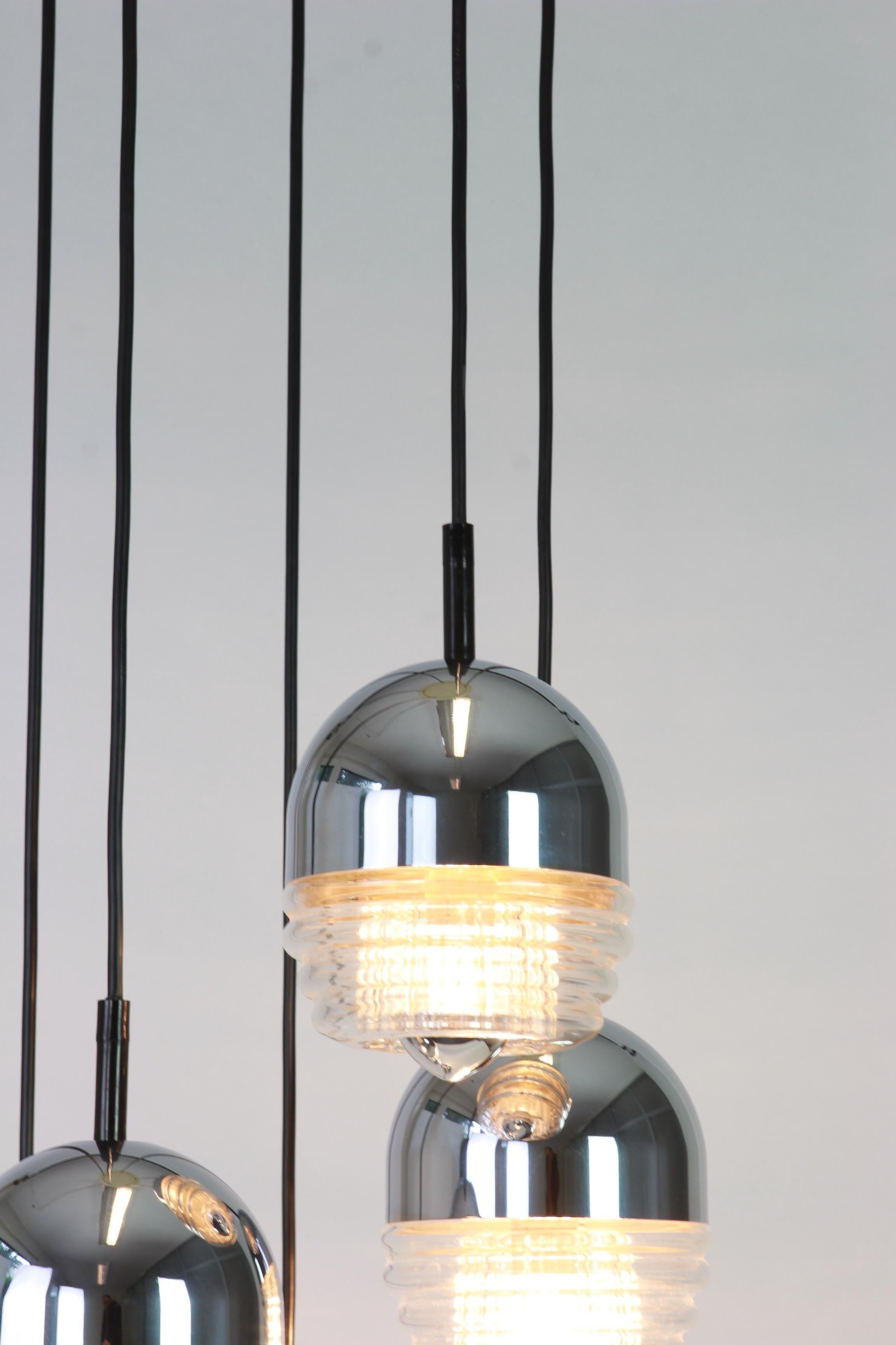 Mid-Century Modern Space Age Sputnik Chrome Glass Cascade Chandelier Pendant Ceiling Lamp by Kaiser