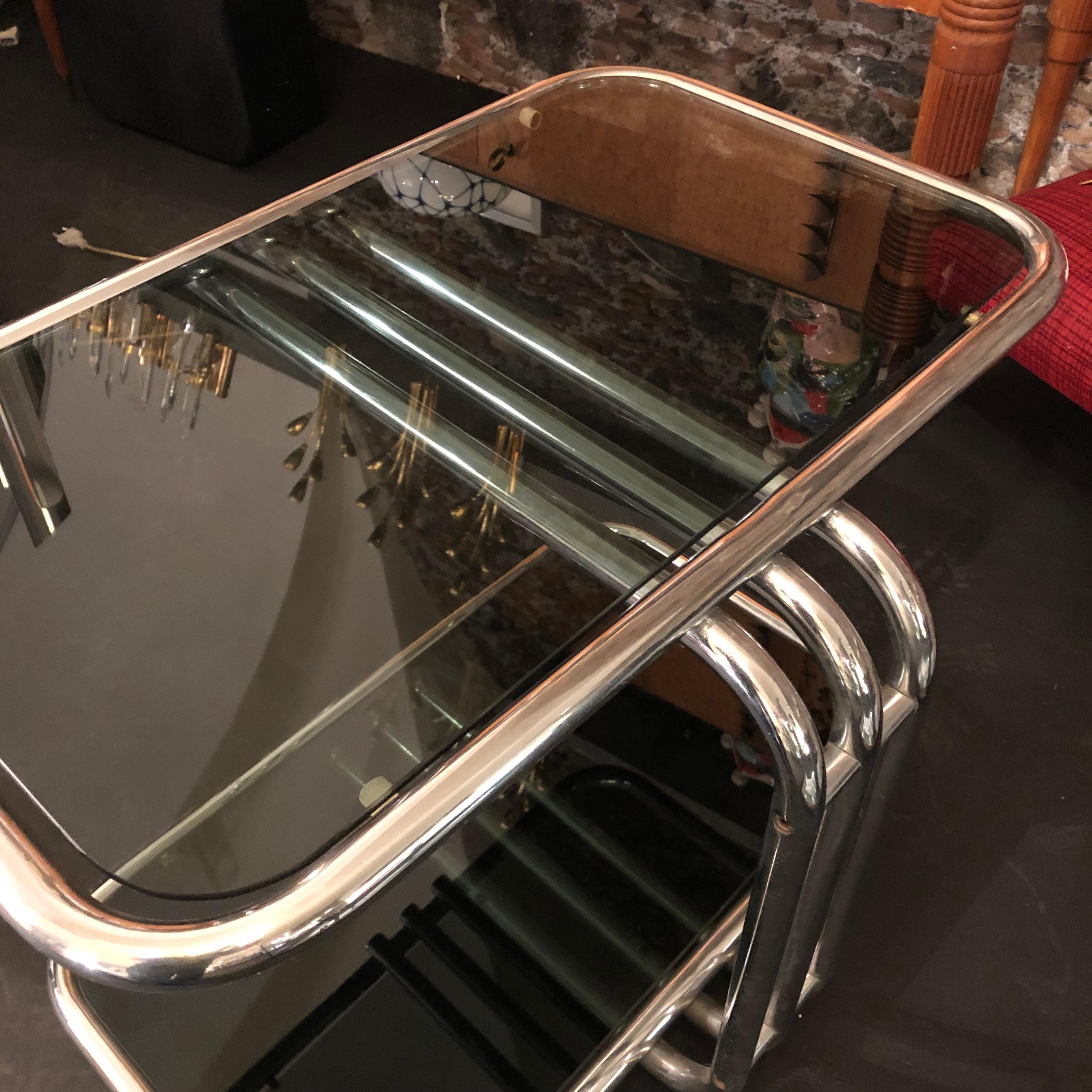 Morex Space Age Steel and Smoked Glass Italian Bar Cart, circa 1970 2