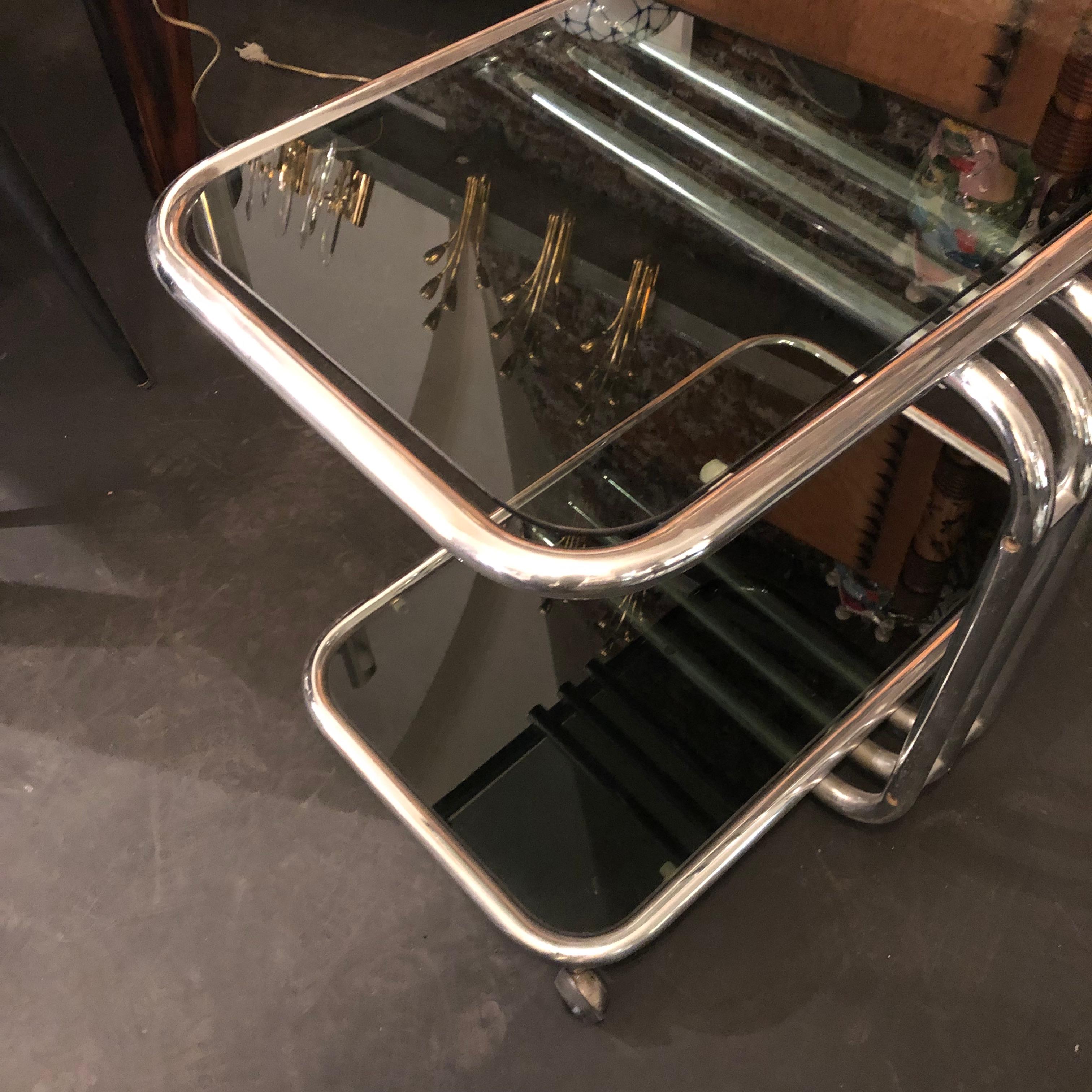 Morex Space Age Steel and Smoked Glass Italian Bar Cart, circa 1970 3