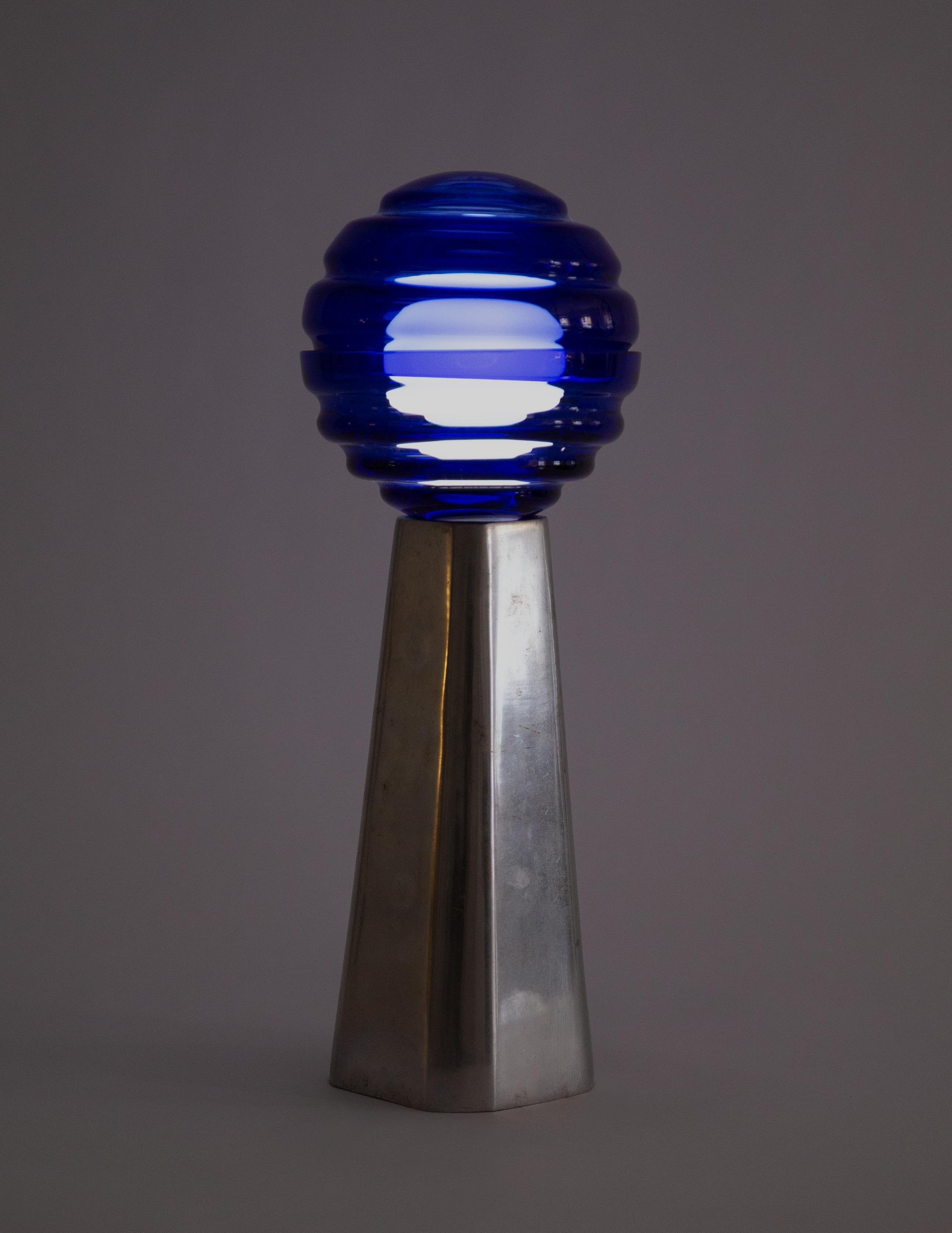 Hand-Crafted Space Age Steel Blue Glass Contemporary Table Lamp by Nusprodukt For Sale