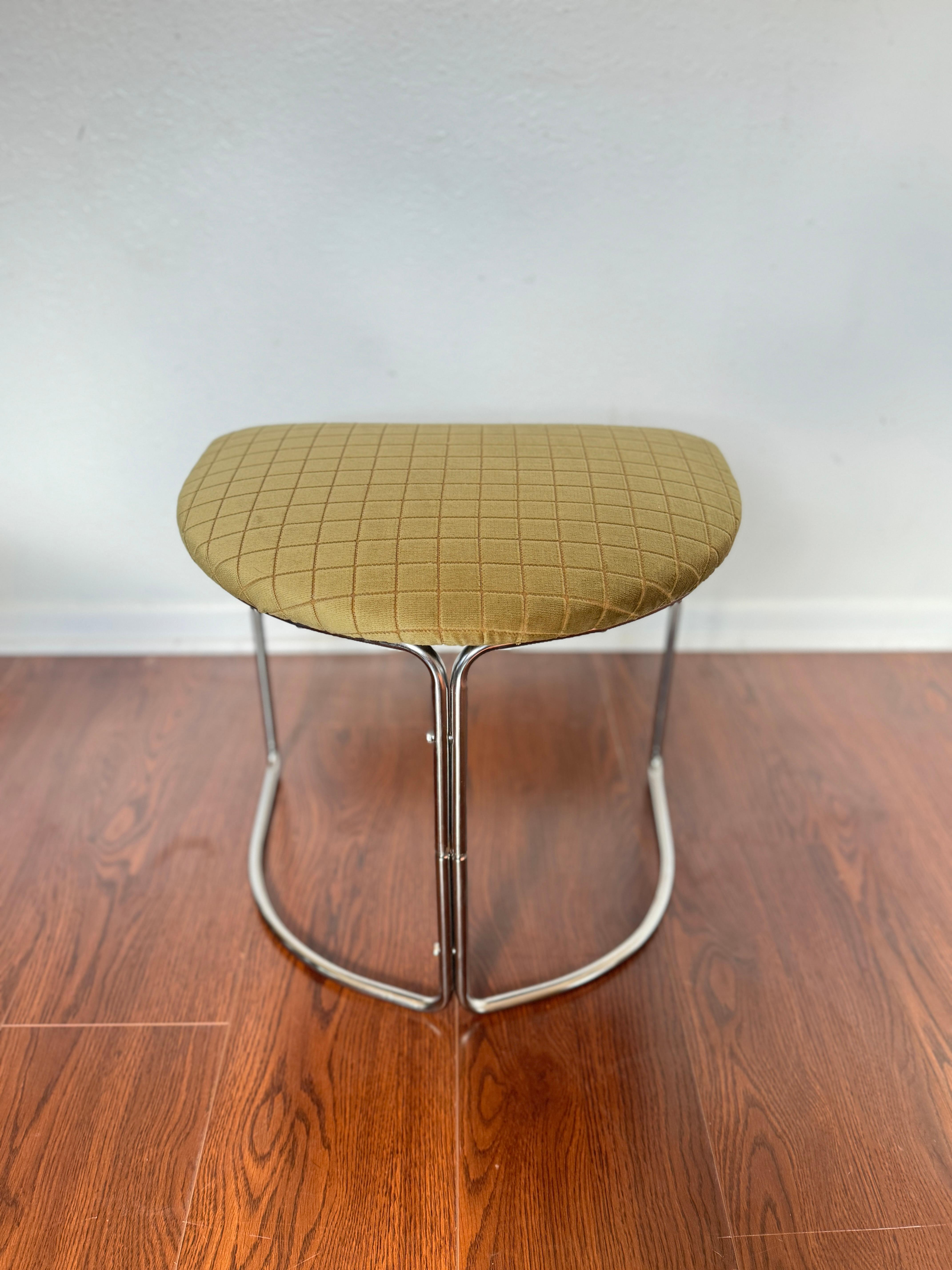 Space age stool by Cisco circa 1970s. Reupholstered in 100% cotton check velvet In Good Condition In Houston, TX