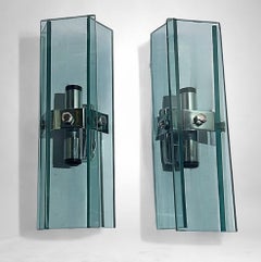 Space Age Style Pair Italian Wall Sconces In Chrome Metal And Tempered Crystal