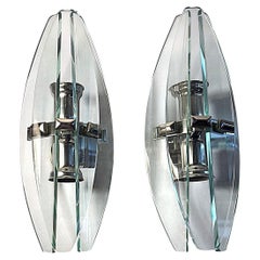 Pareja De Apliques Italianos De Metal Cromado Y Cristal Templado Estilo Space Age
