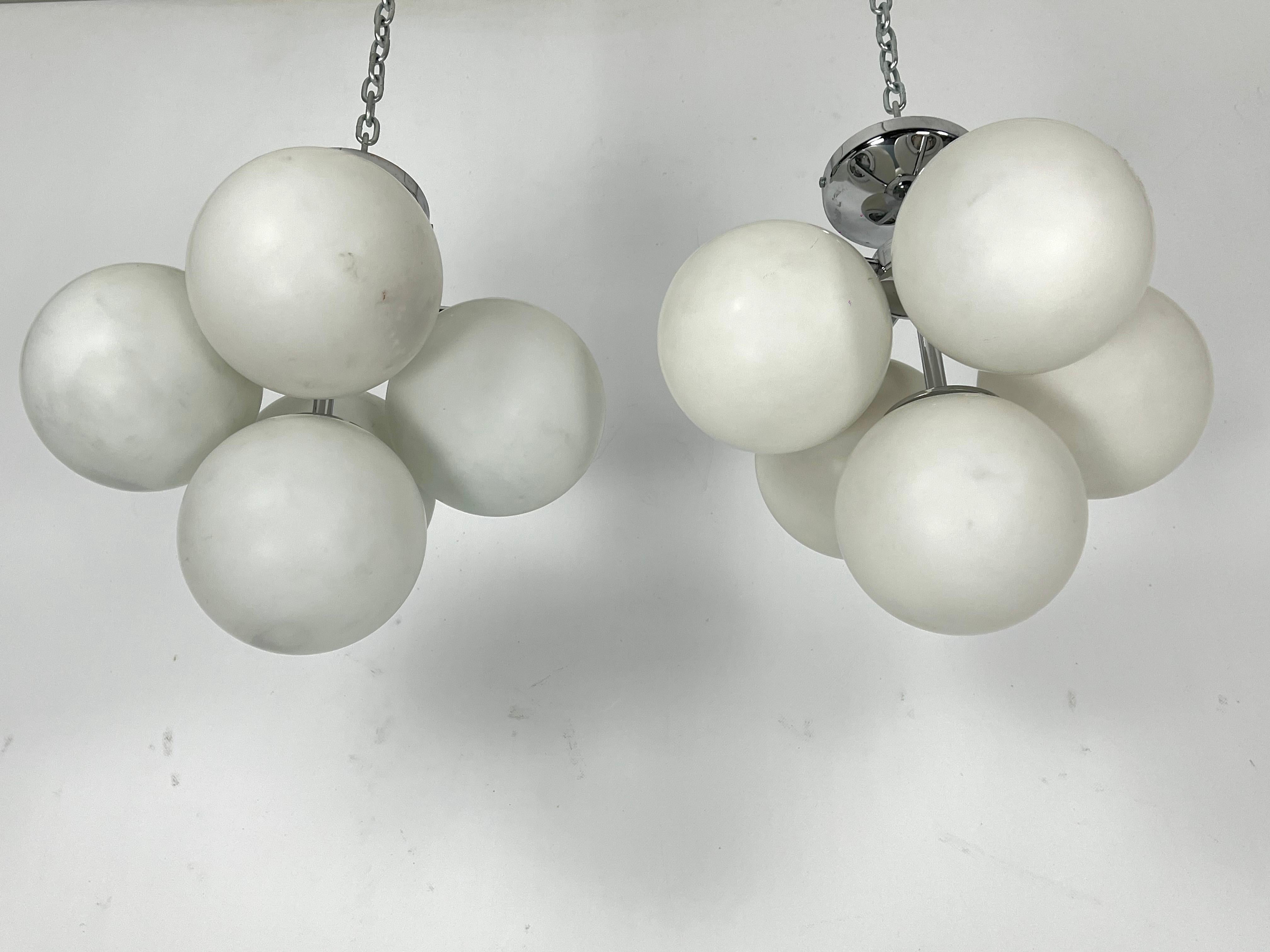 Italian Space age style, Vintage Pair of ceiling lamps in chrome and opaline glass. For Sale