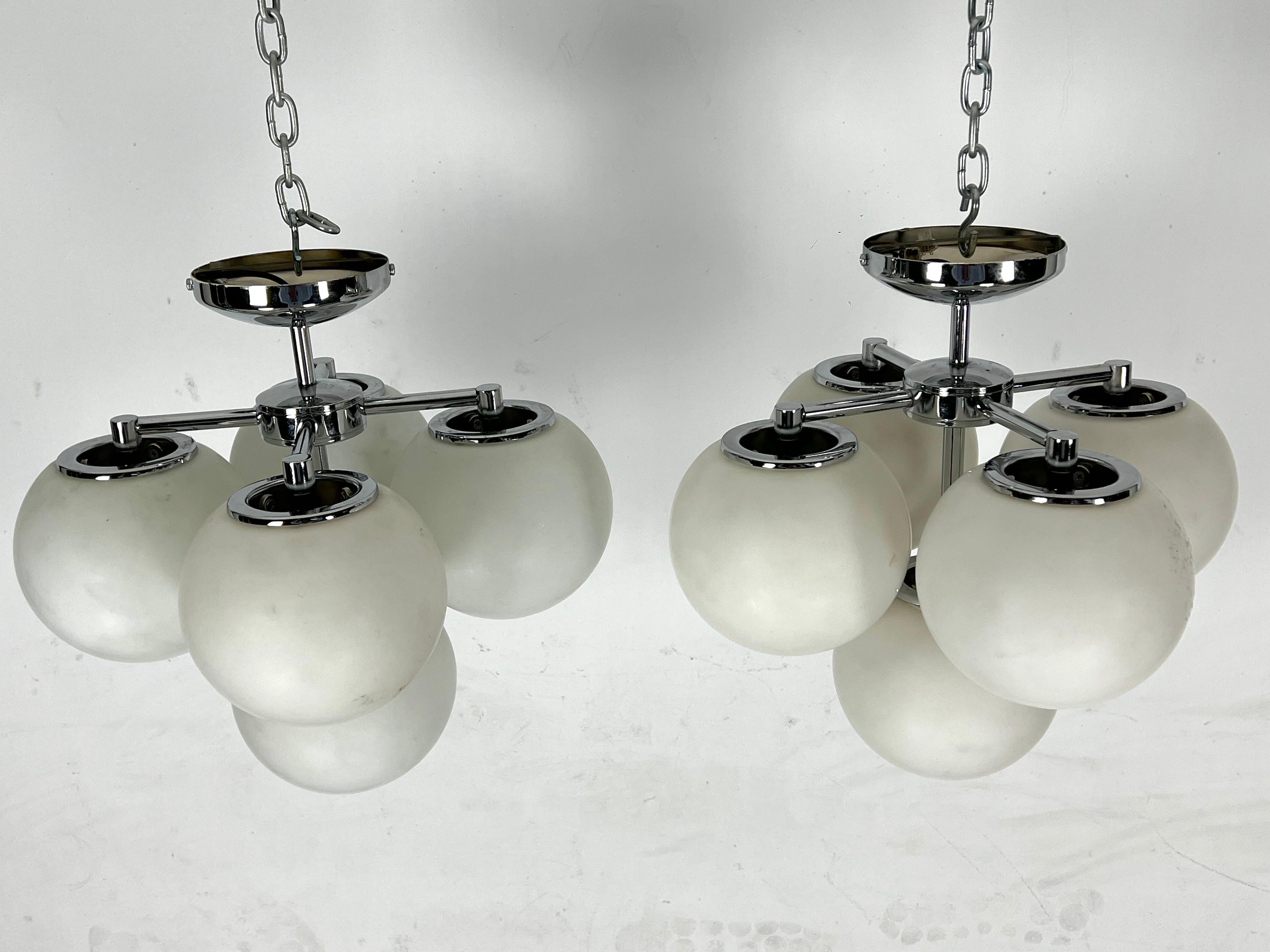 Space age style, Vintage Pair of ceiling lamps in chrome and opaline glass. In Good Condition For Sale In Catania, CT