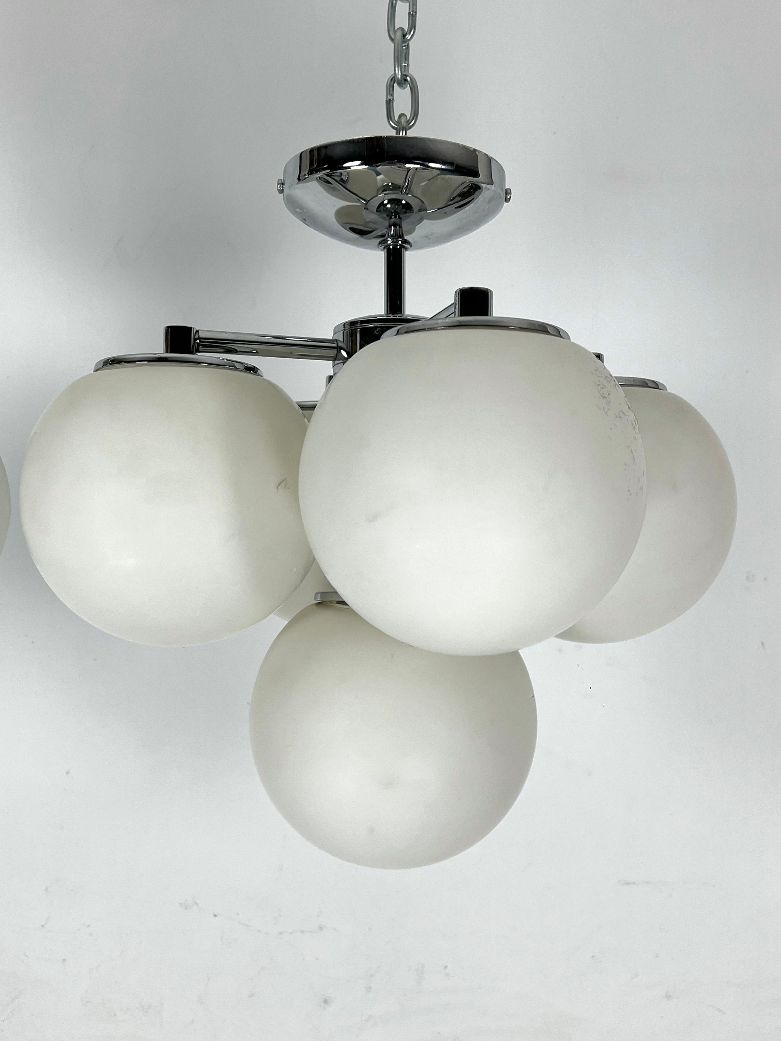 20th Century Space age style, Vintage Pair of ceiling lamps in chrome and opaline glass. For Sale