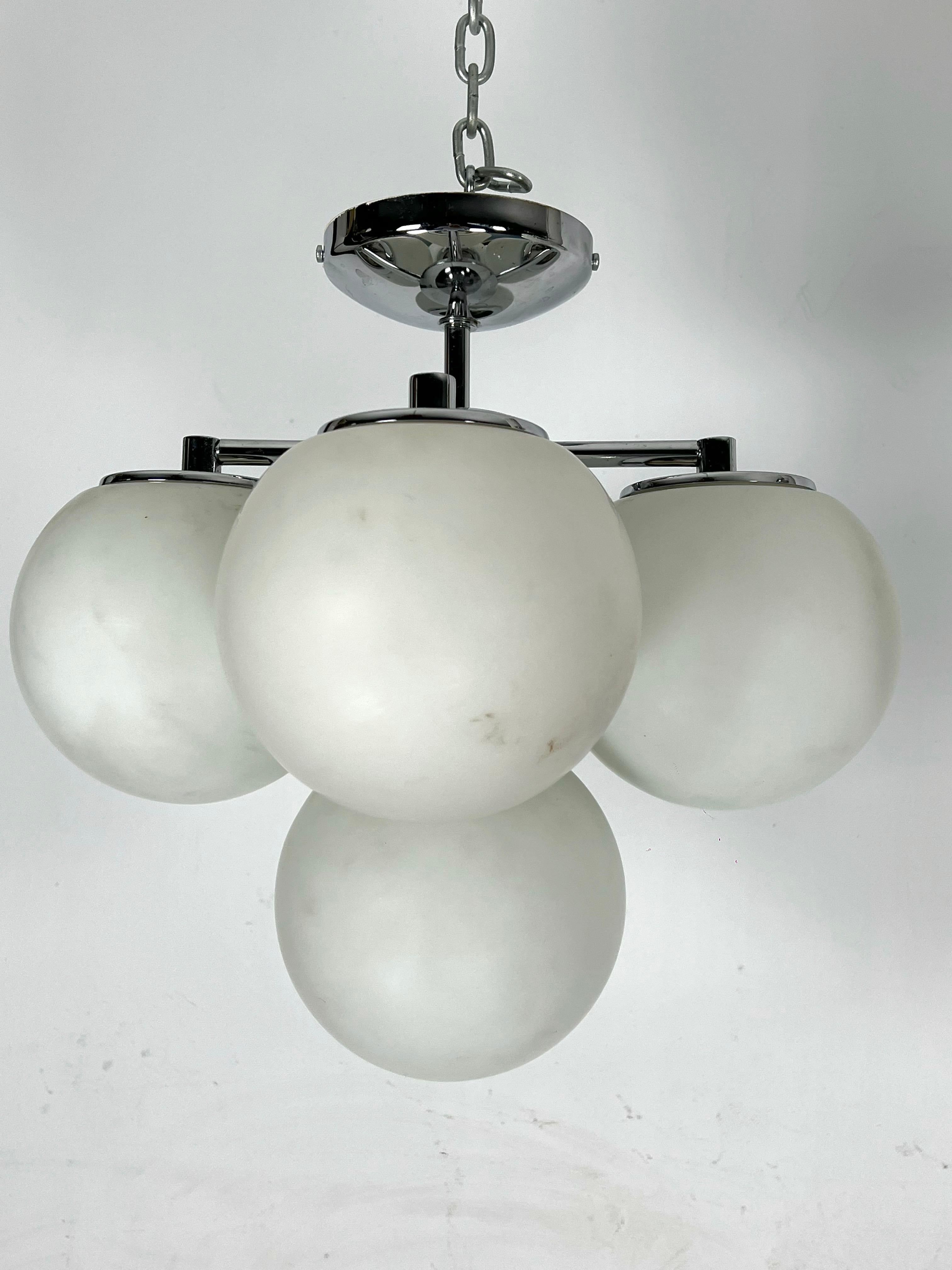 Chrome Space age style, Vintage Pair of ceiling lamps in chrome and opaline glass. For Sale