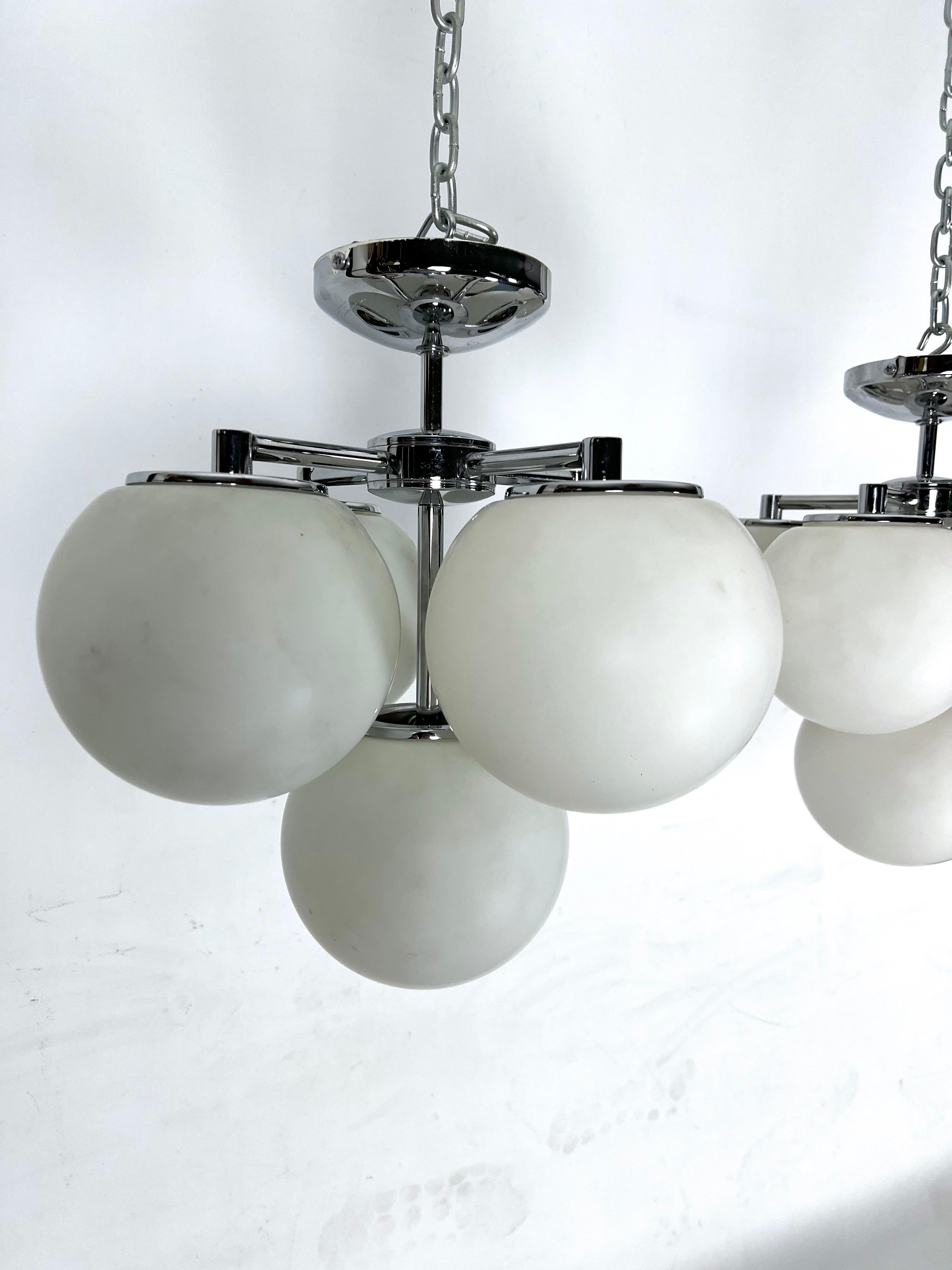 Space age style, Vintage Pair of ceiling lamps in chrome and opaline glass. For Sale 2