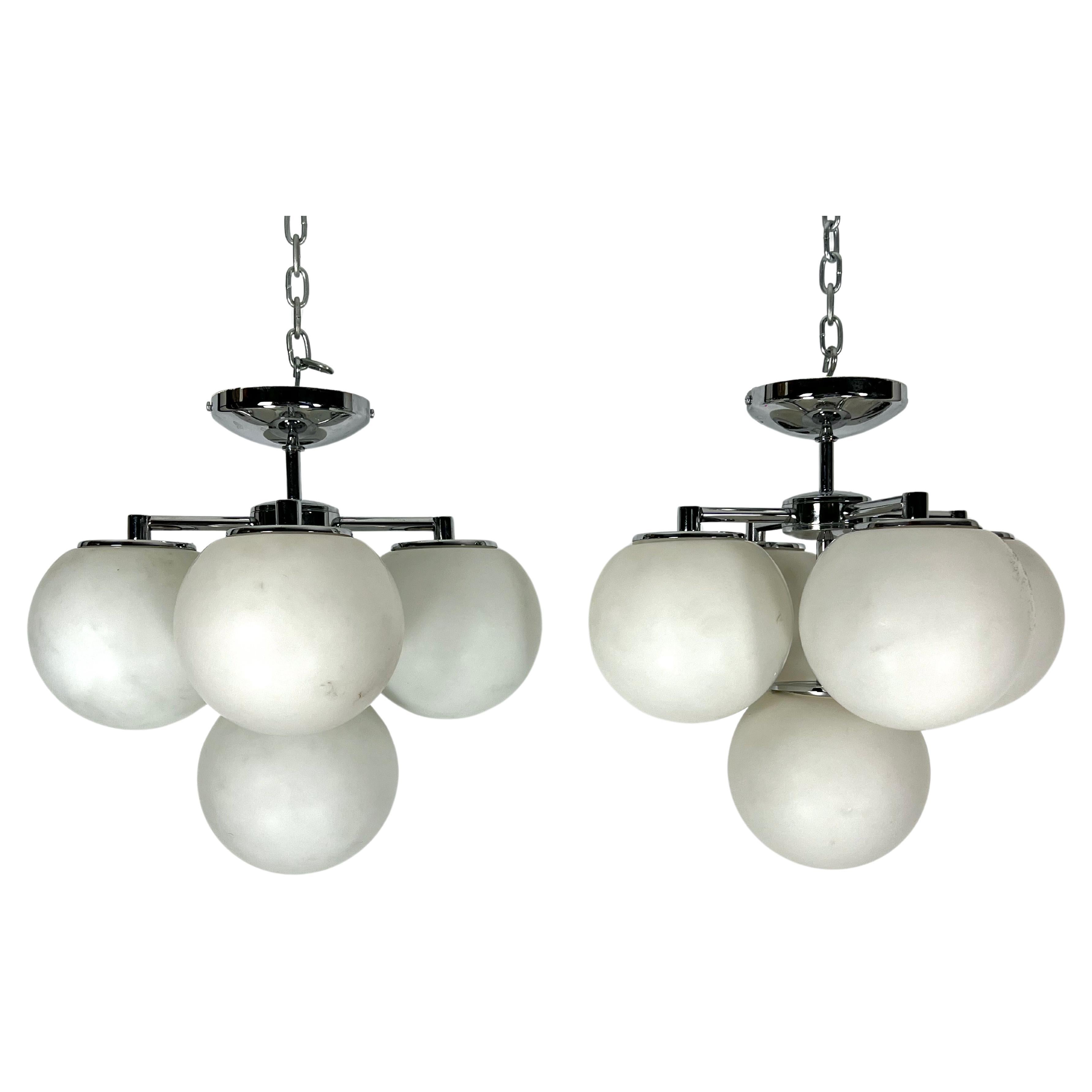 Space age style, Vintage Pair of ceiling lamps in chrome and opaline glass.