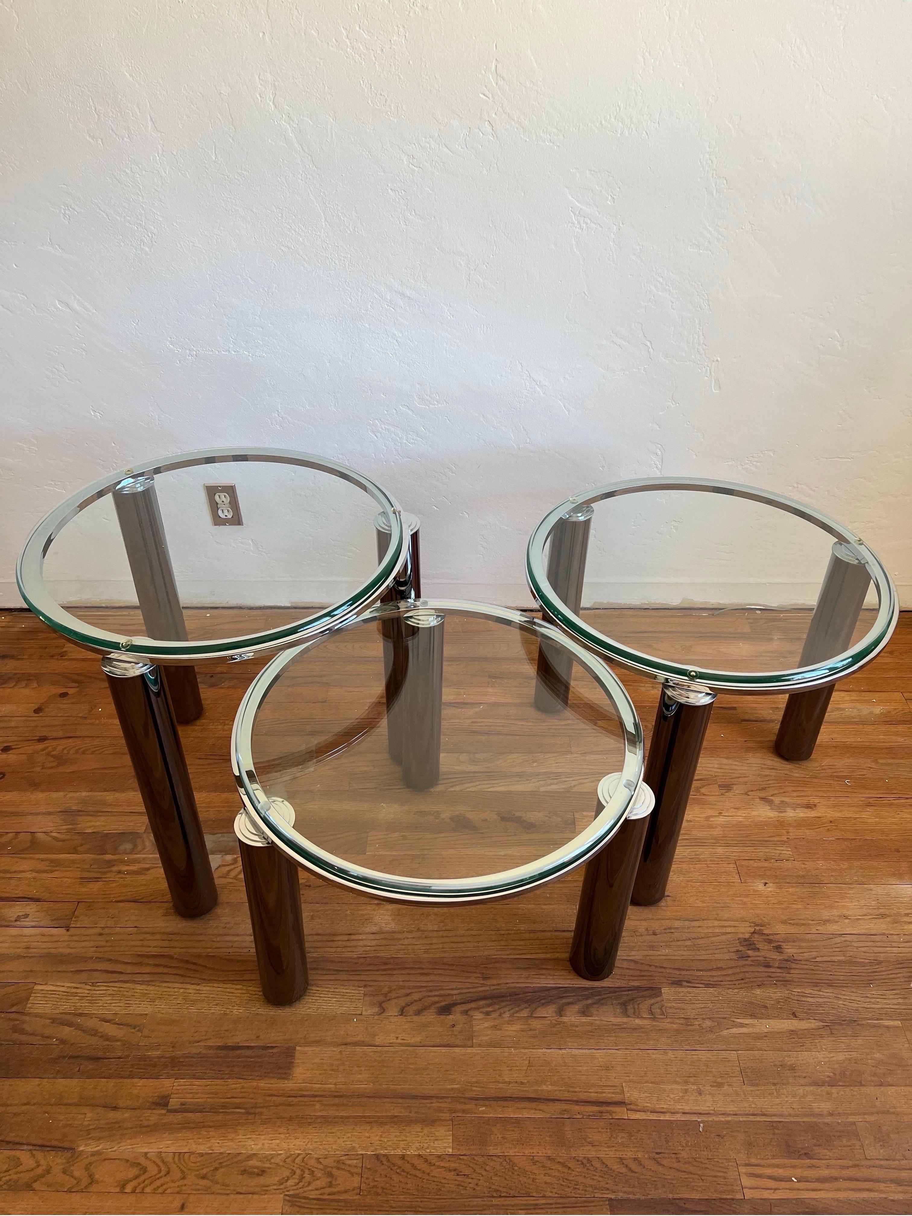 Glass Space-Age Tubular Chrome Swivel Nesting Tables, Set of 3