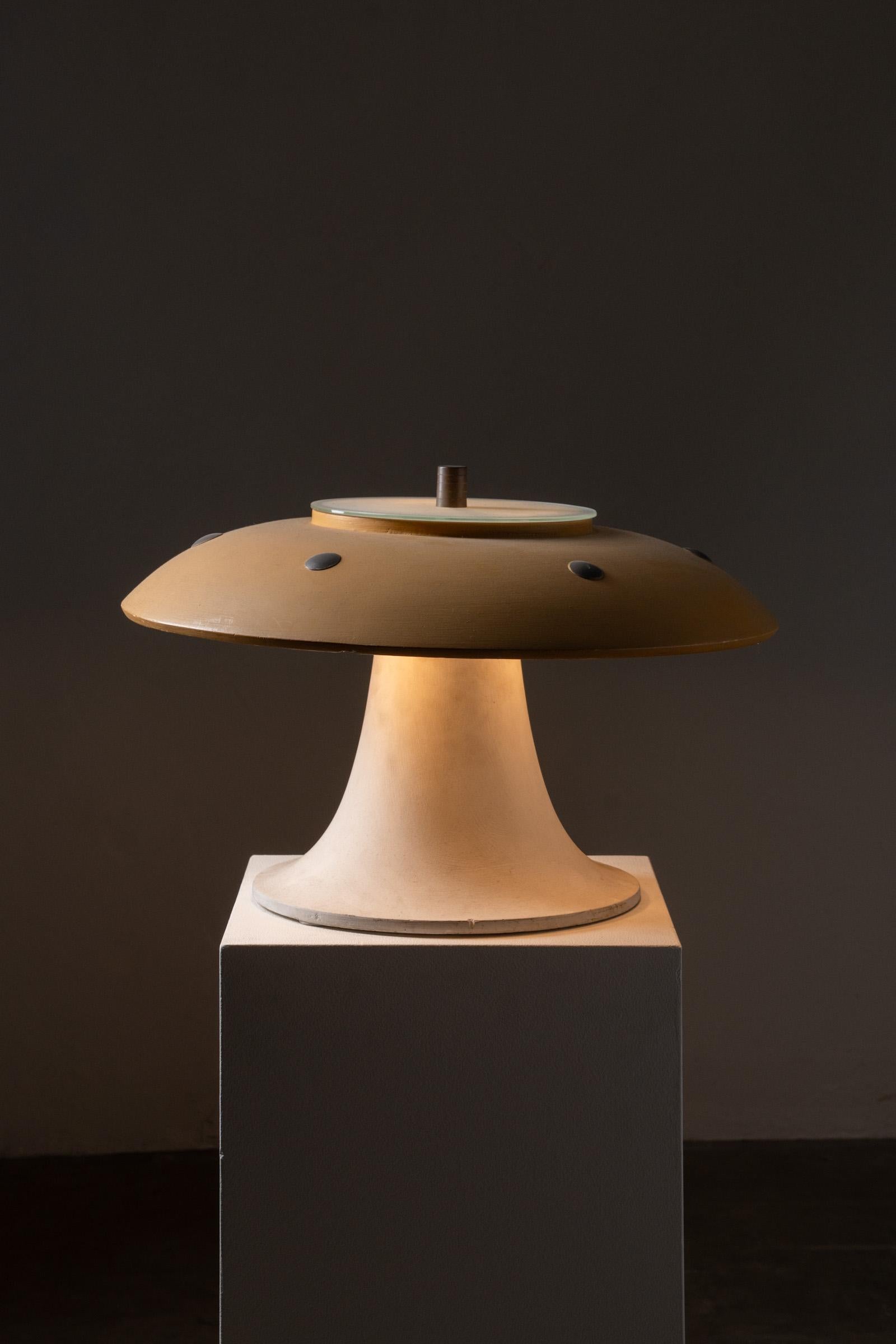 Frosted Space Age 'UFO' Mushroom Table Lamp with Ochre Yellow Shade and Glass Diffuser For Sale