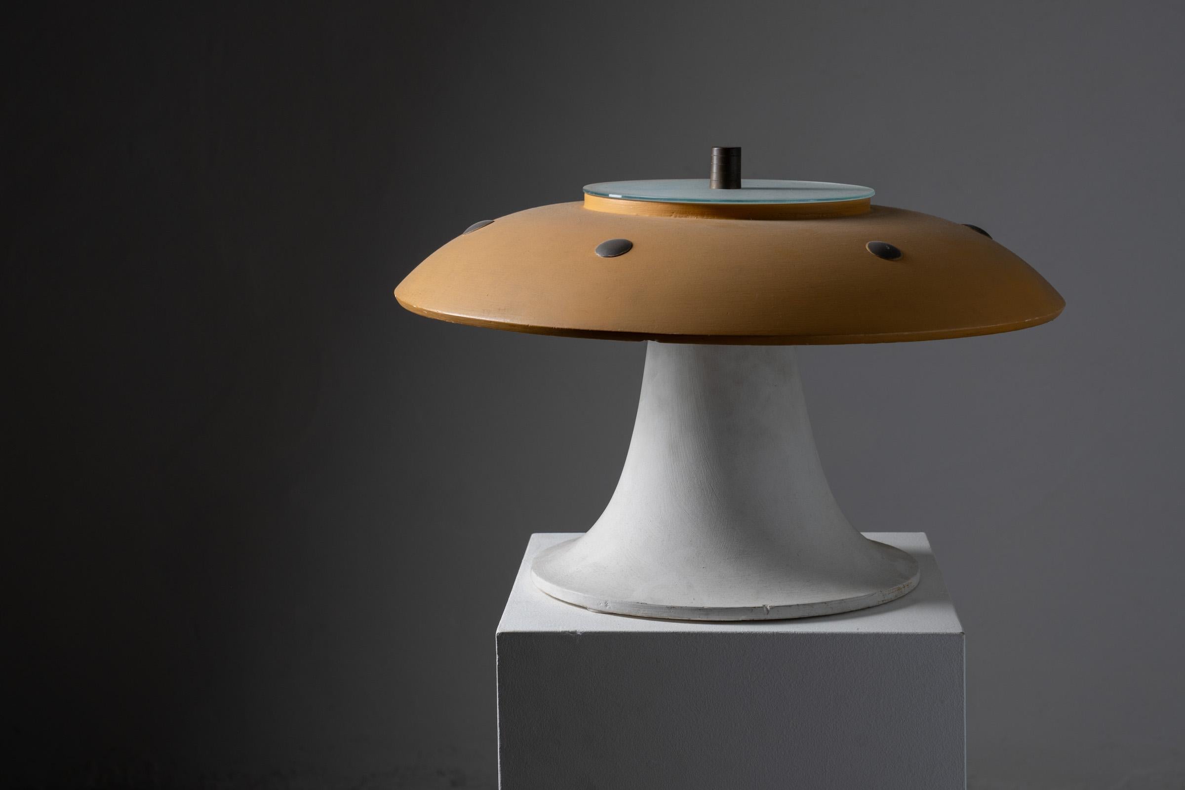 Metal Space Age 'UFO' Mushroom Table Lamp with Ochre Yellow Shade and Glass Diffuser For Sale