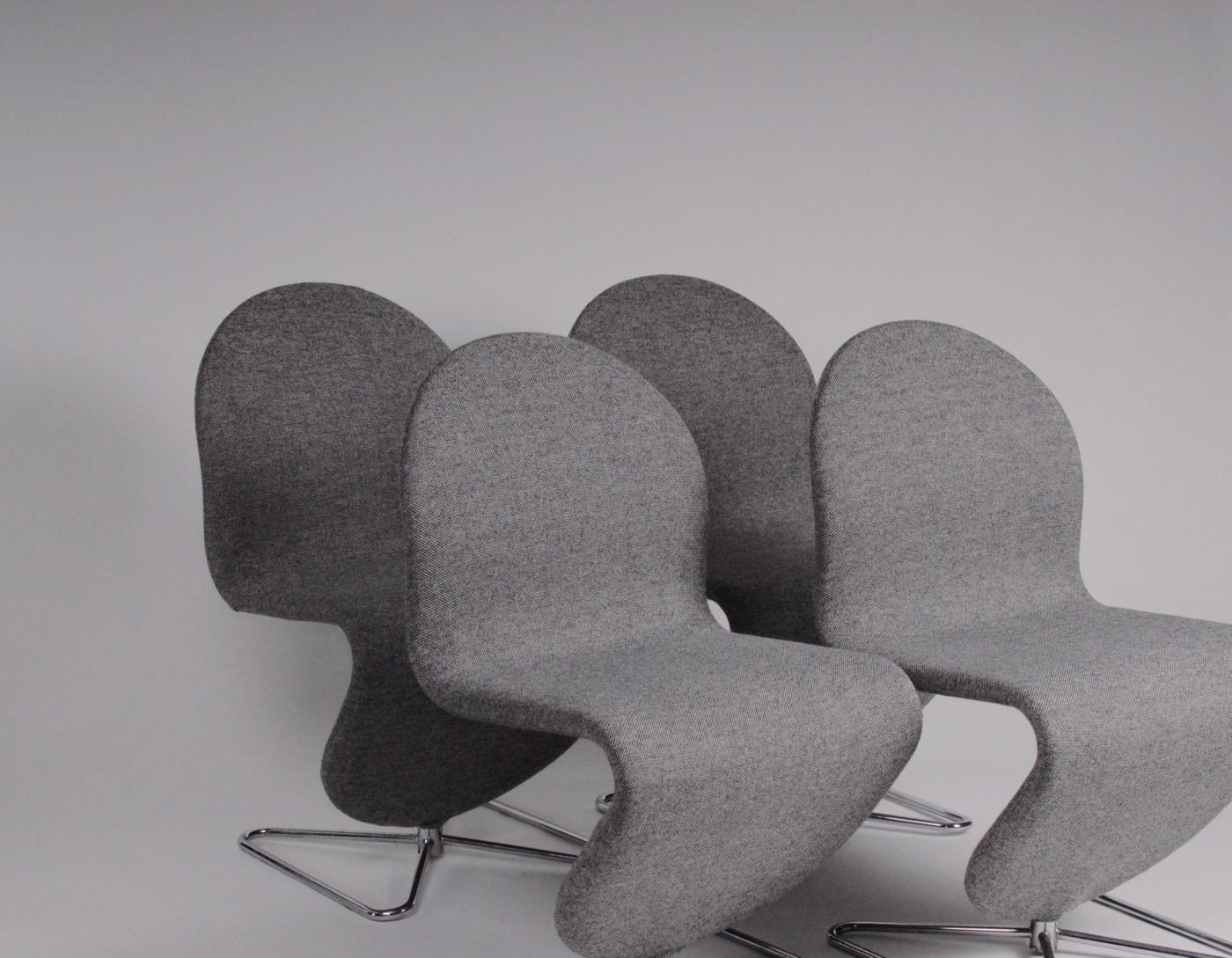 Danish Space Age Verner Panton Set of Four Chairs 123 Serie Fritz Hansen Wool Fabric