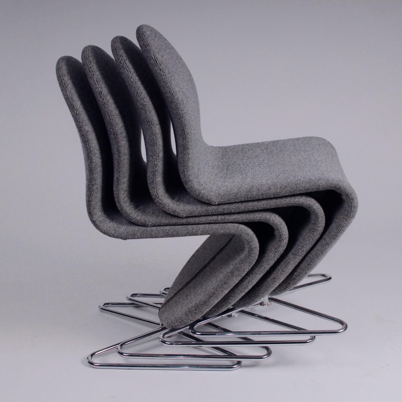Plated Space Age Verner Panton Set of Four Chairs 123 Serie Fritz Hansen Wool Fabric