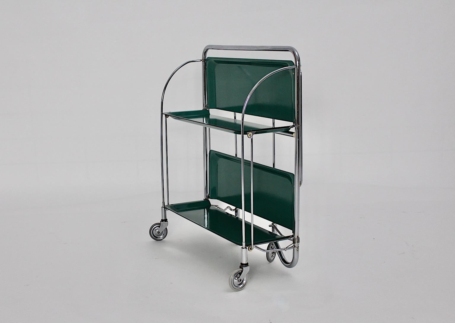 Space Age Vintage Bar Cart Serving Trolley Green Chromed Metal 1970s Germany For Sale 3