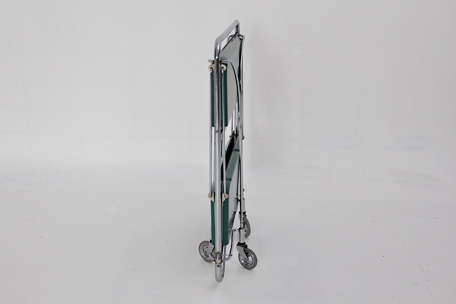 Space Age Vintage Bar Cart Serving Trolley Green Chromed Metal 1970s Germany For Sale 4