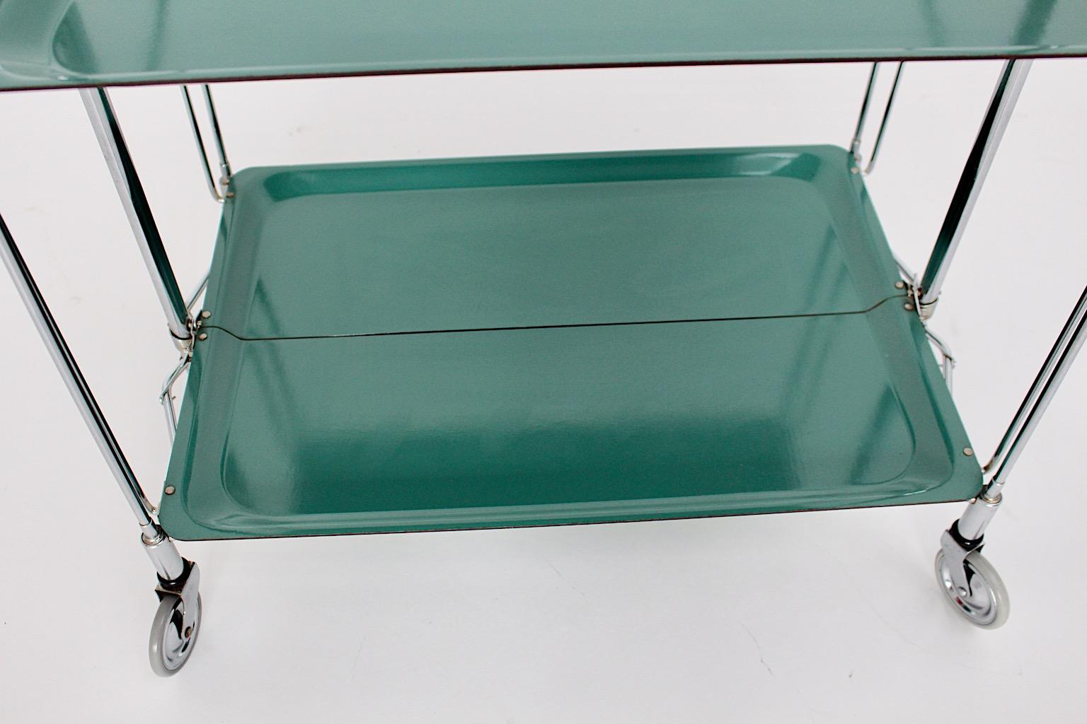 Space Age Vintage Bar Cart Serving Trolley Green Chromed Metal 1970s Germany For Sale 5
