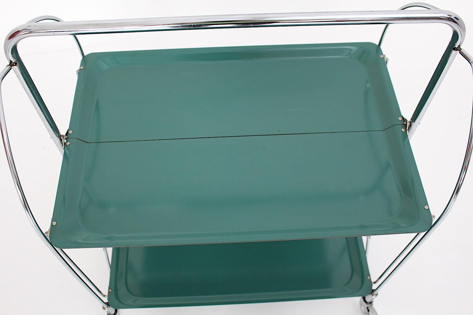 Space Age Vintage Bar Cart Serving Trolley Green Chromed Metal 1970s Germany For Sale 6