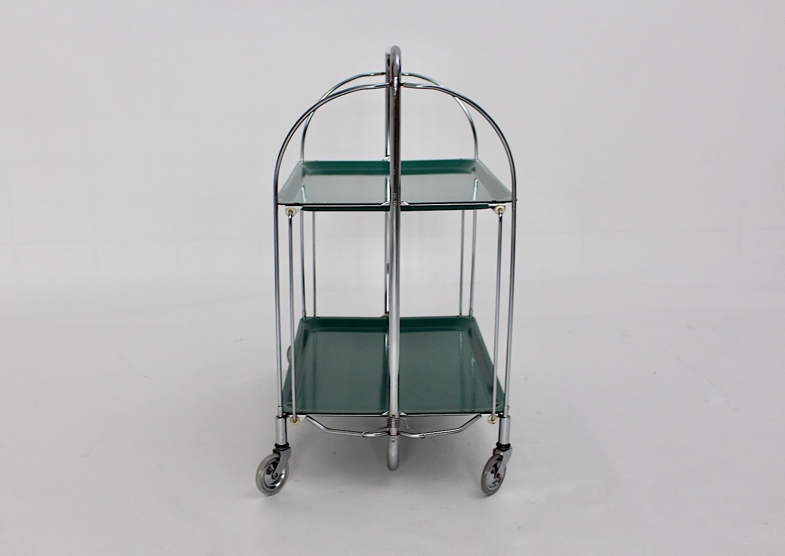 Space Age Vintage Bar Cart Serving Trolley Green Chromed Metal 1970s Germany In Good Condition For Sale In Vienna, AT
