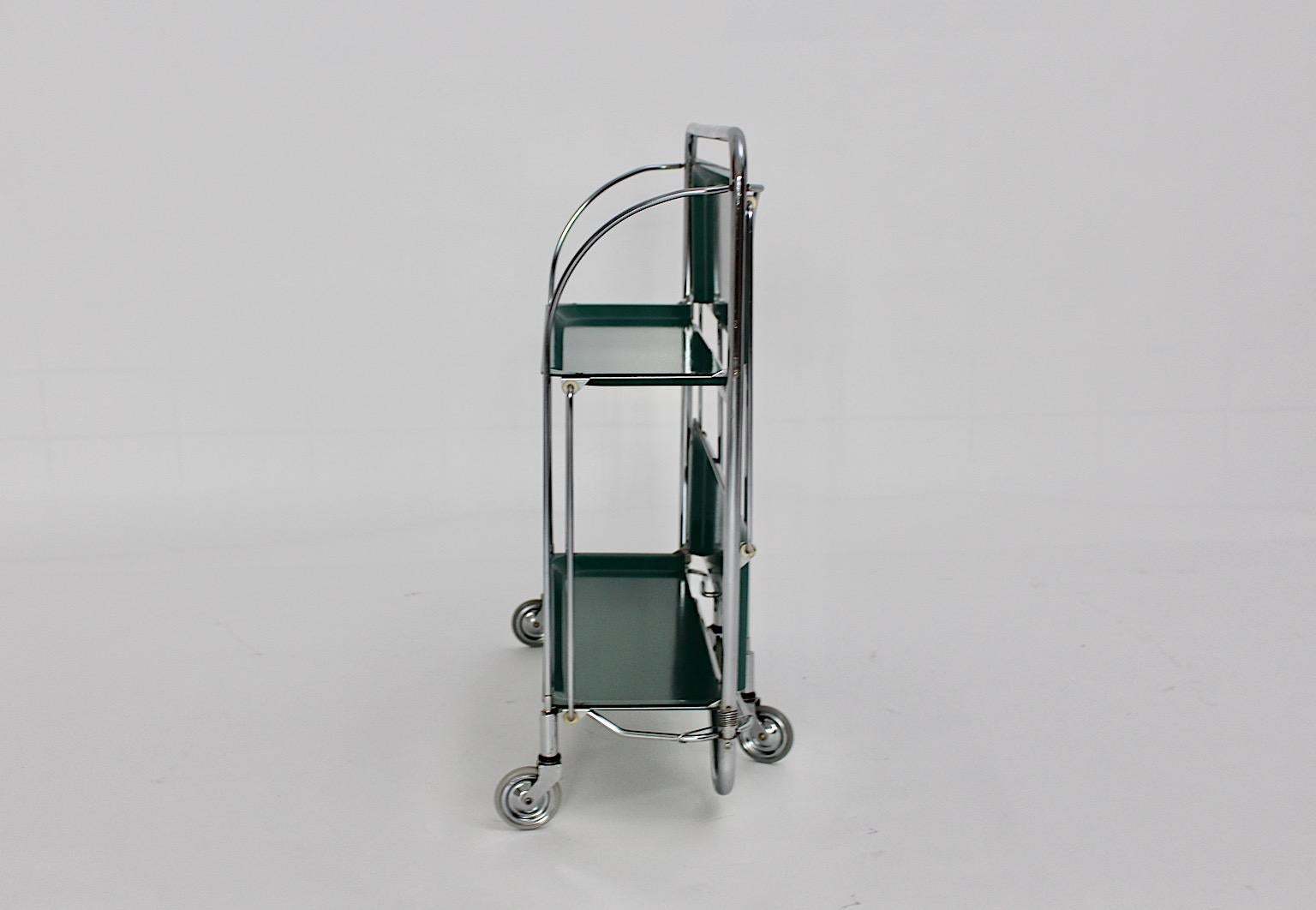 20th Century Space Age Vintage Bar Cart Serving Trolley Green Chromed Metal 1970s Germany For Sale