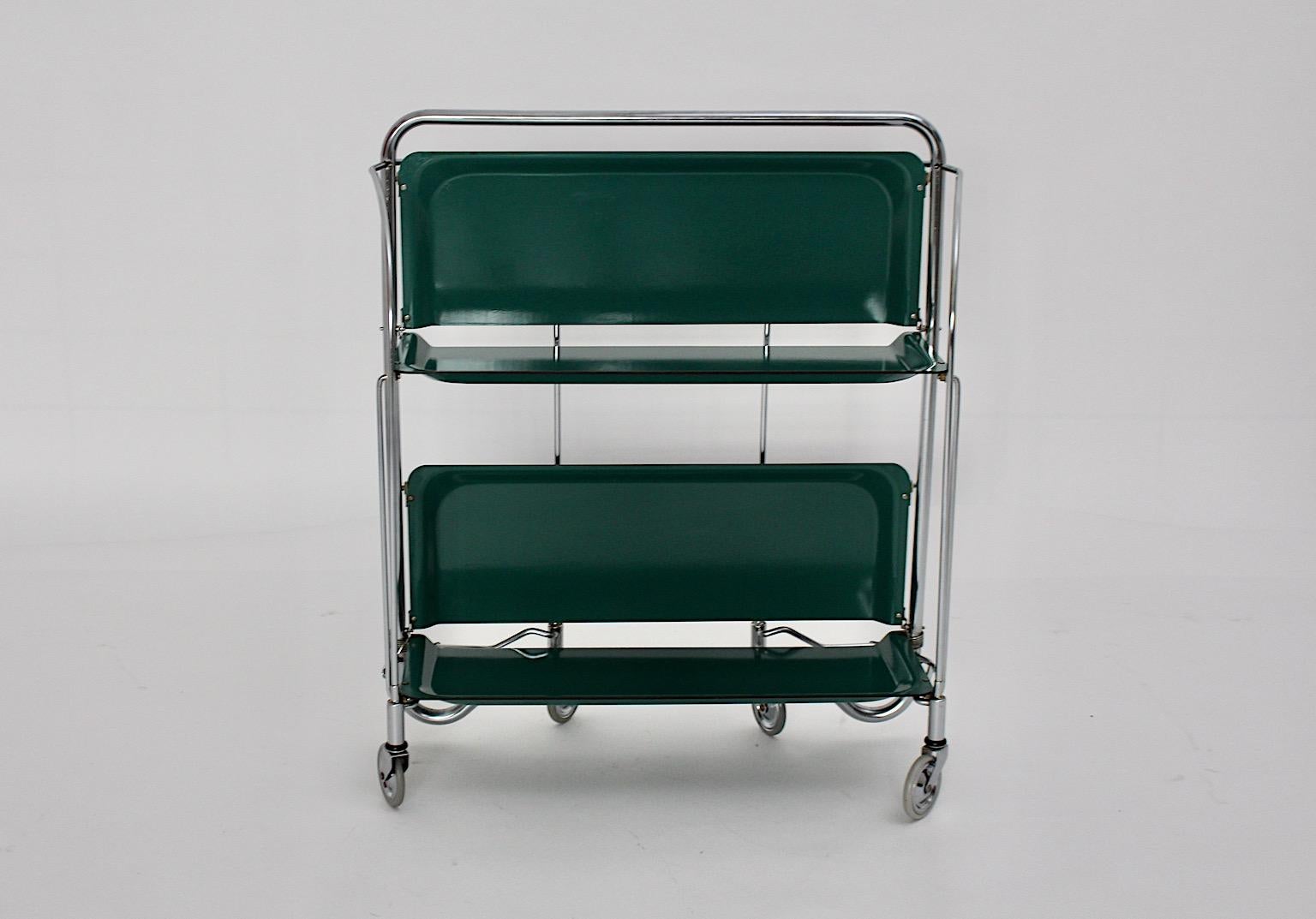 Space Age Vintage Bar Cart Serving Trolley Green Chromed Metal 1970s Germany For Sale 1