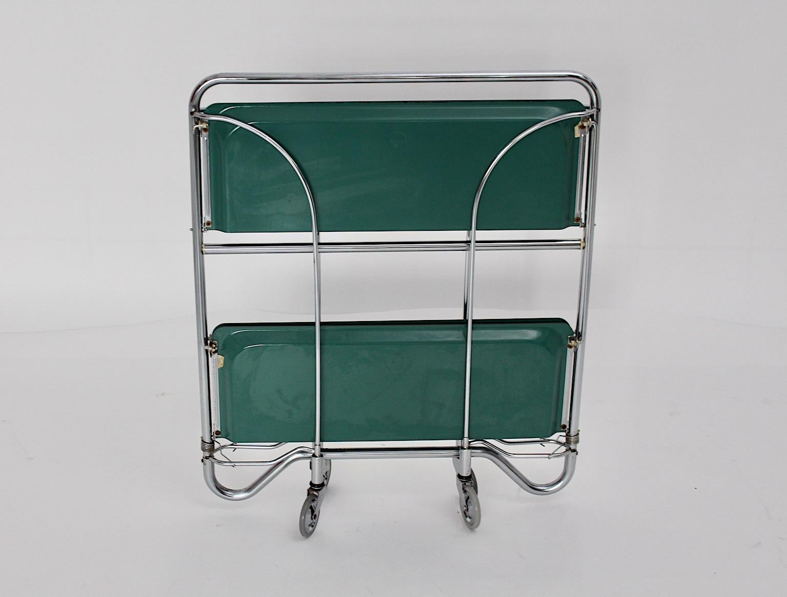 Space Age Vintage Bar Cart Serving Trolley Green Chromed Metal 1970s Germany For Sale 2
