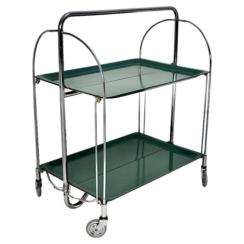Space Age Vintage Bar Cart Serving Trolley Green Chromed Metal 1970s Germany