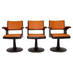Space Age Vintage Brown Plastic Orange Faux Leather Swivel Armchairs 1970s