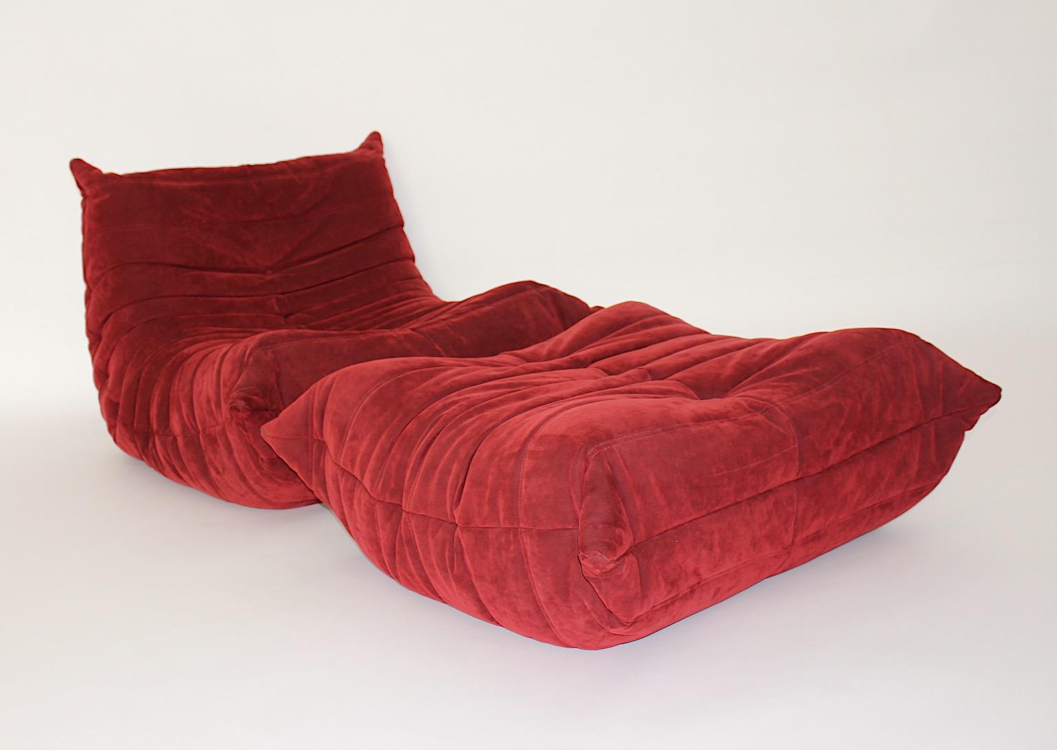 French Space Age Vintage Burnt Red Togo with Stool Alcantara Michel Ducaroy Ligne Roset For Sale