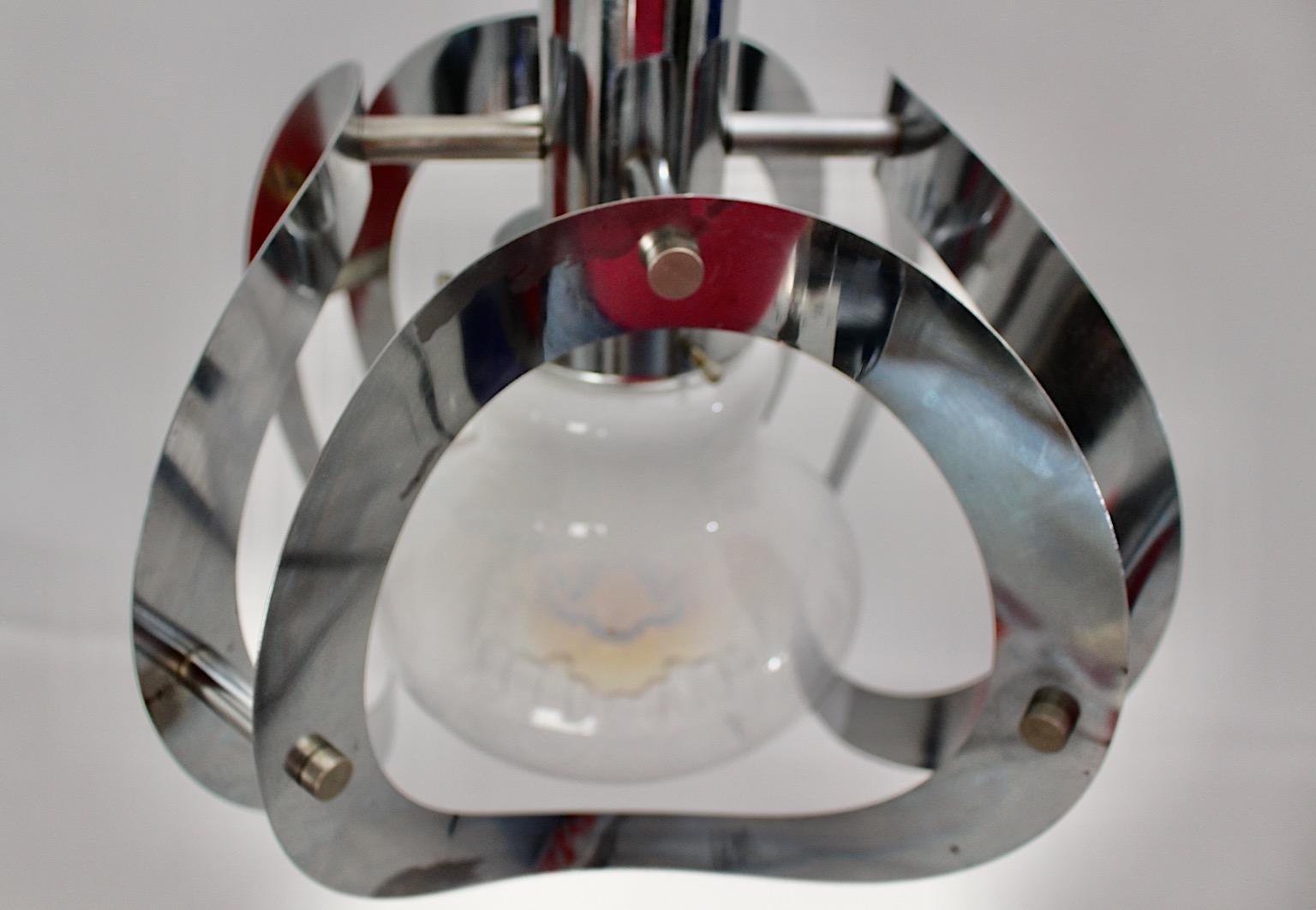 Space Age Vintage Chandelier Opaline Glass Chrome Mazzega 1960s Italy For Sale 2