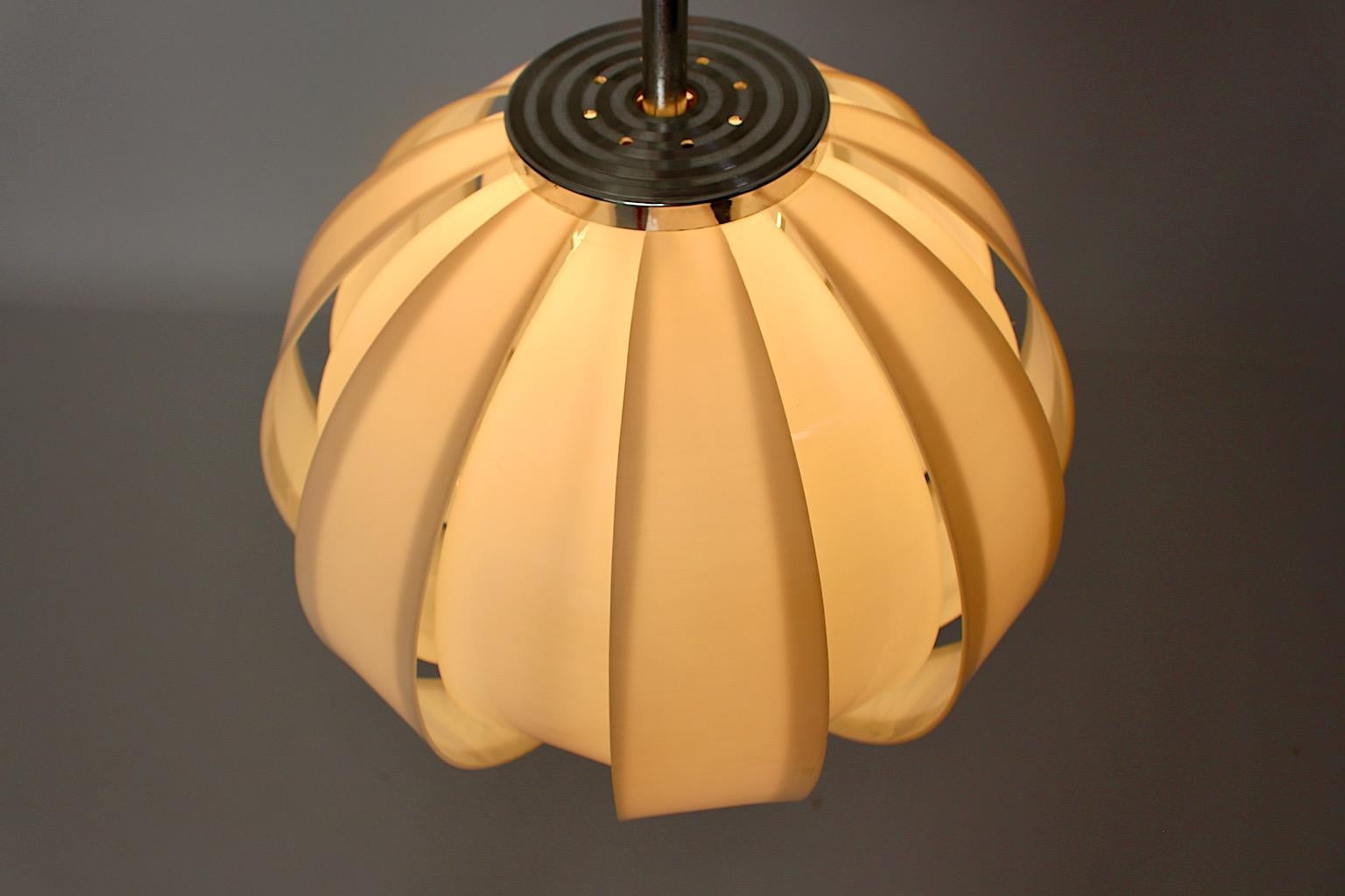Late 20th Century Space Age Vintage Circular White Plastic Lamella Metal Chandelier Pendant, 1970s For Sale