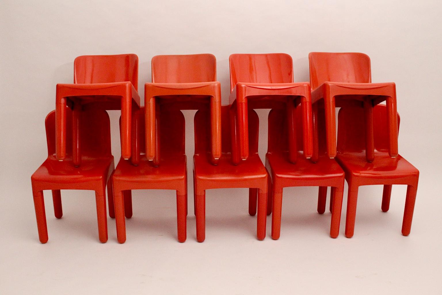 Space Age Vintage Eight Red Plastic Dining Chairs by Marcello Siard, Italy, 1969 For Sale 2