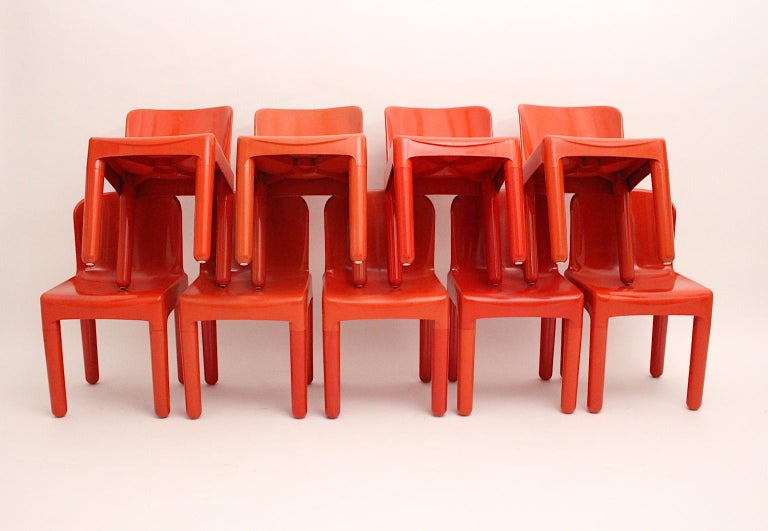 Space Age Vintage Eight Red Plastic Dining Chairs by Marcello Siard, Italy, 1969 For Sale 6