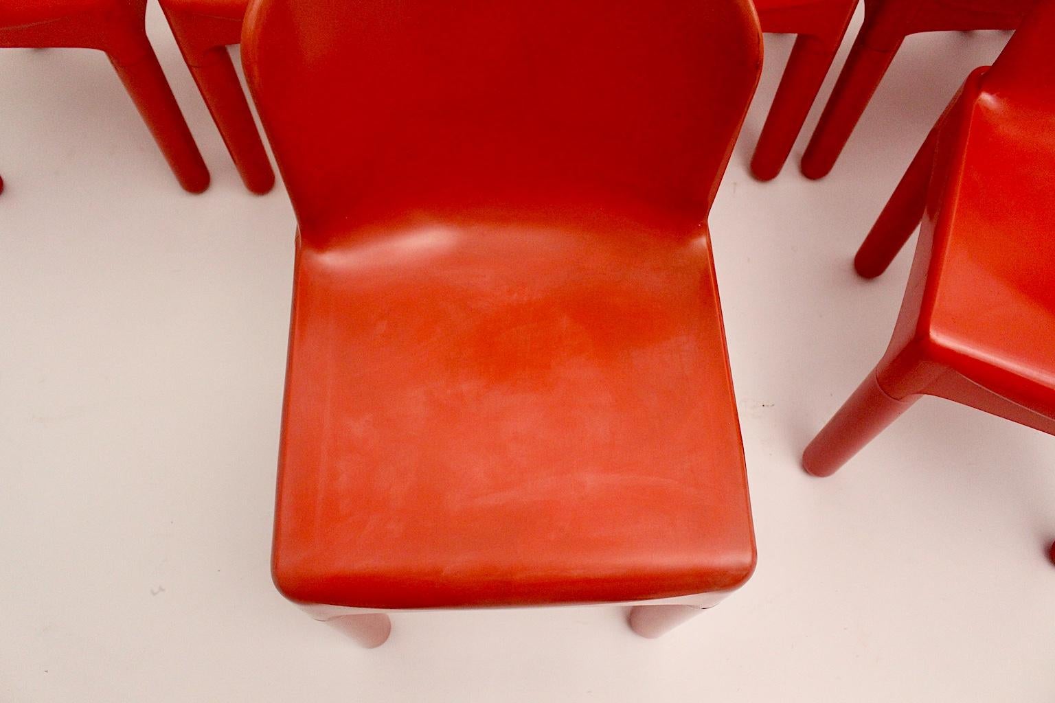 Space Age Vintage Eight Red Plastic Dining Chairs by Marcello Siard, Italy, 1969 For Sale 4