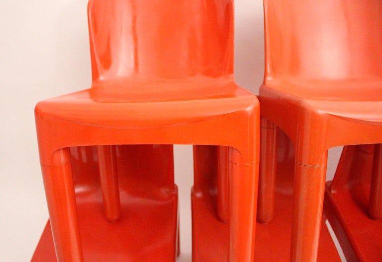 Space Age Vintage Eight Red Plastic Dining Chairs by Marcello Siard, Italy, 1969 For Sale 8