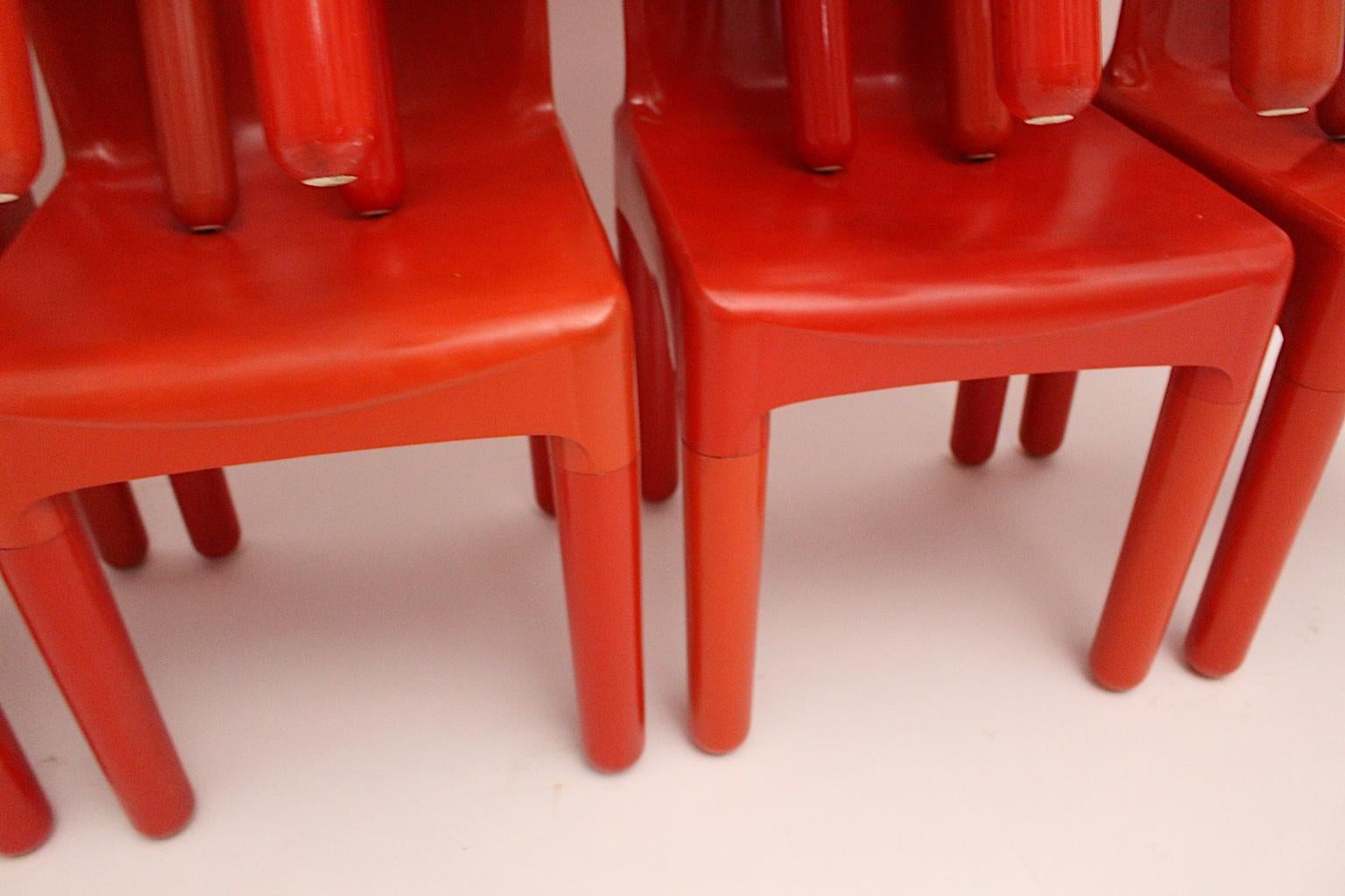 Space Age Vintage Eight Red Plastic Dining Chairs by Marcello Siard, Italy, 1969 For Sale 6