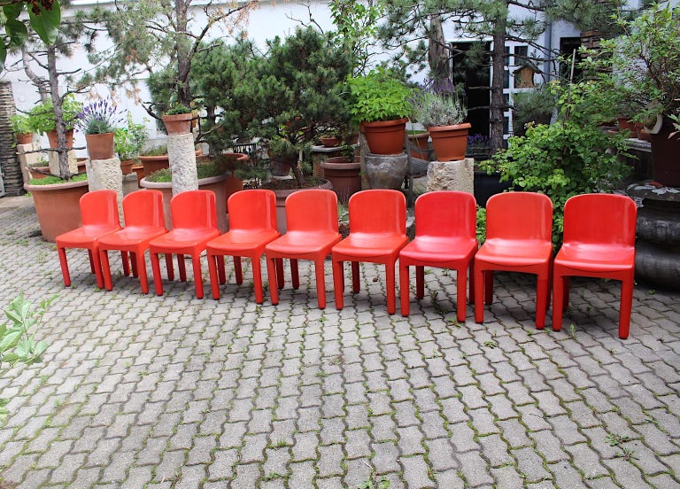 Italian Space Age Vintage Eight Red Plastic Dining Chairs by Marcello Siard, Italy, 1969 For Sale