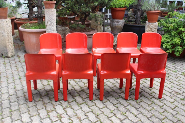 Mid-20th Century Space Age Vintage Eight Red Plastic Dining Chairs by Marcello Siard, Italy, 1969 For Sale