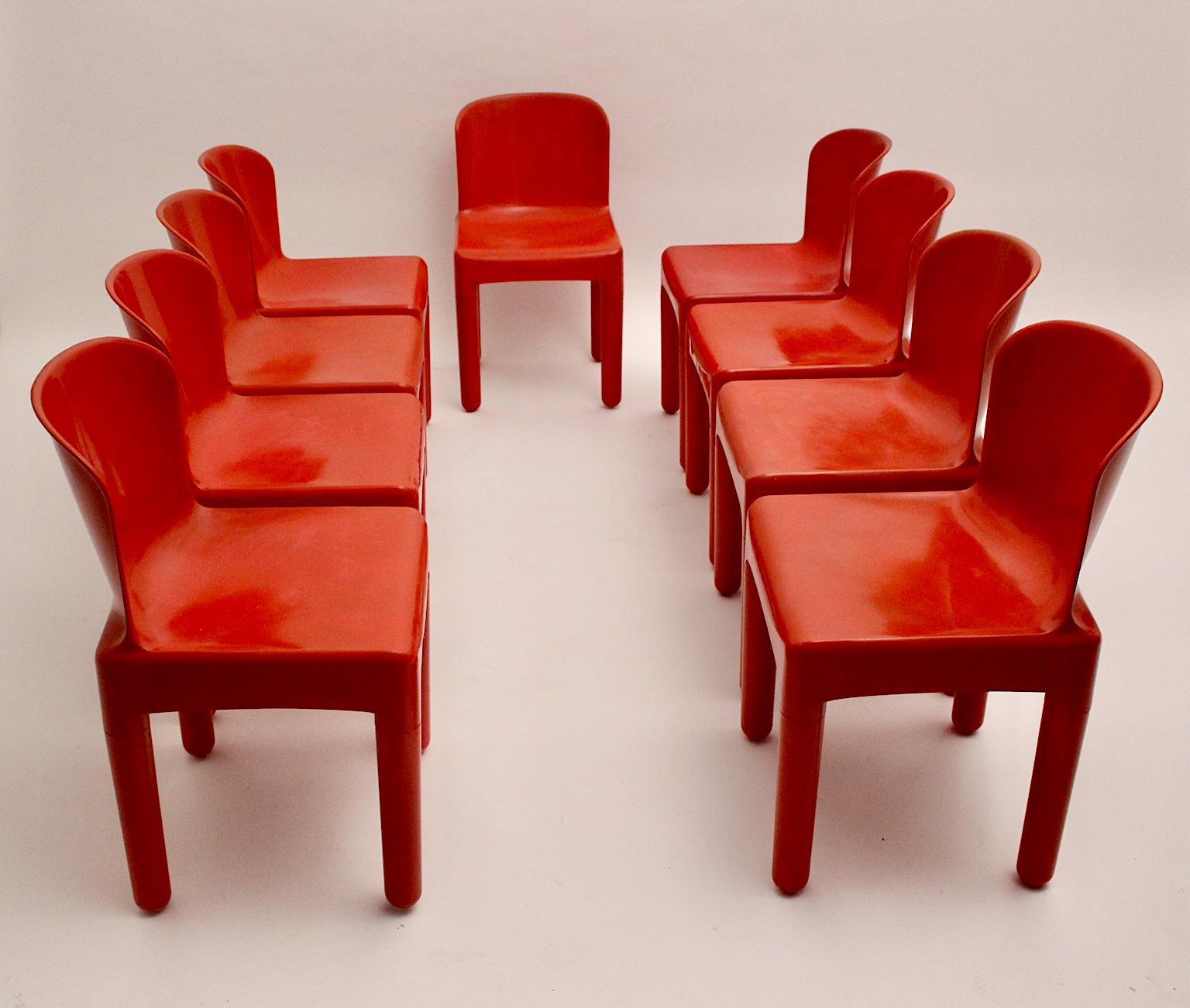 Italian Space Age Vintage Eight Red Plastic Dining Chairs by Marcello Siard, Italy, 1969 For Sale